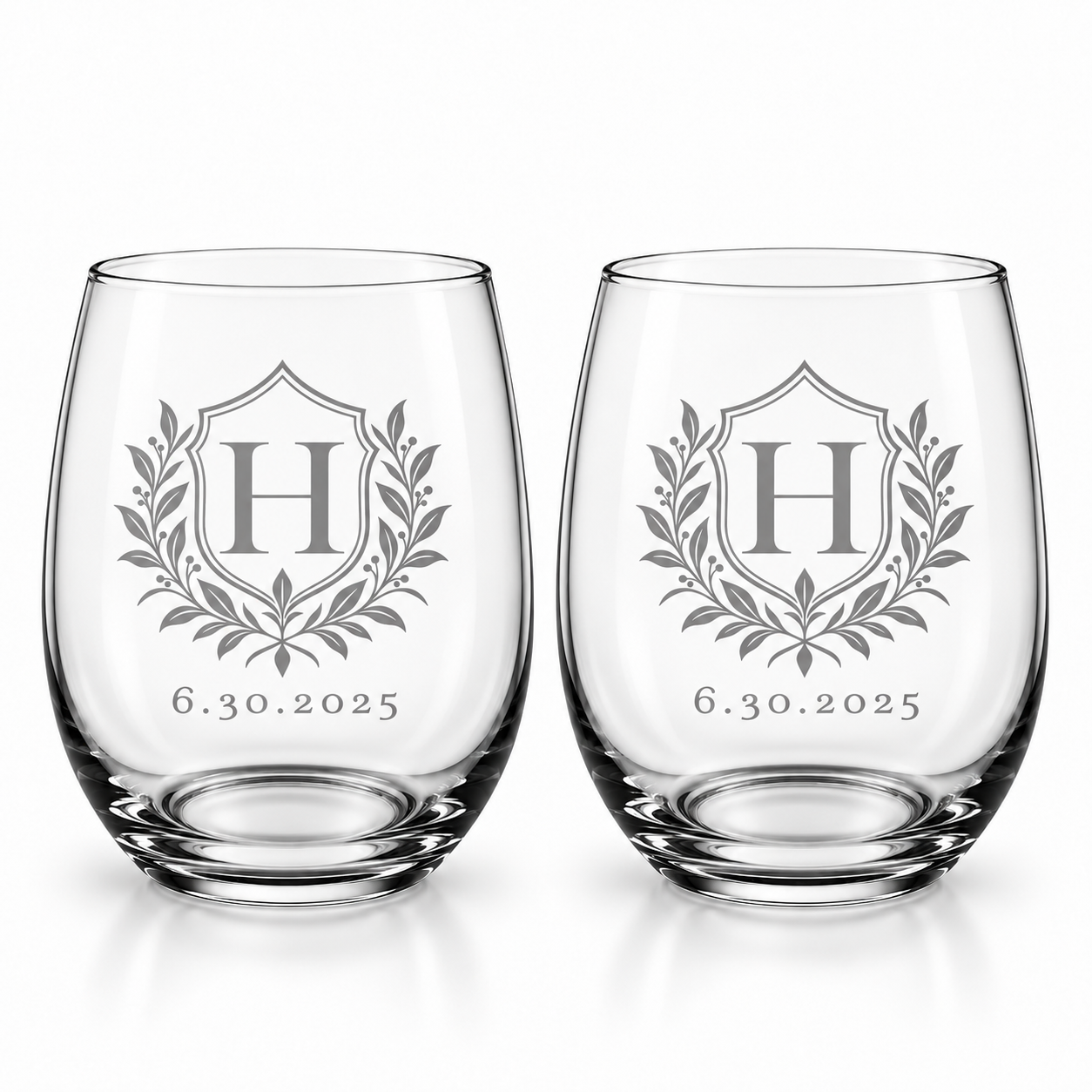 Vintage crest stemless wine glasses with optional date