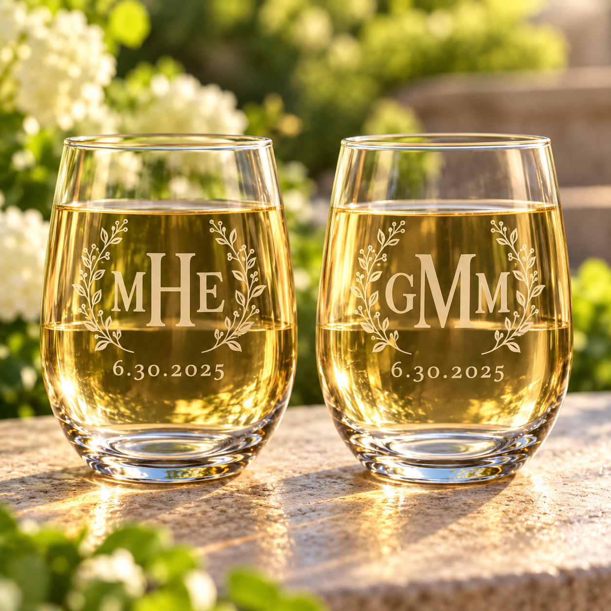 Personalized Botanical Wreath Monogram Stemless Wine Glasses