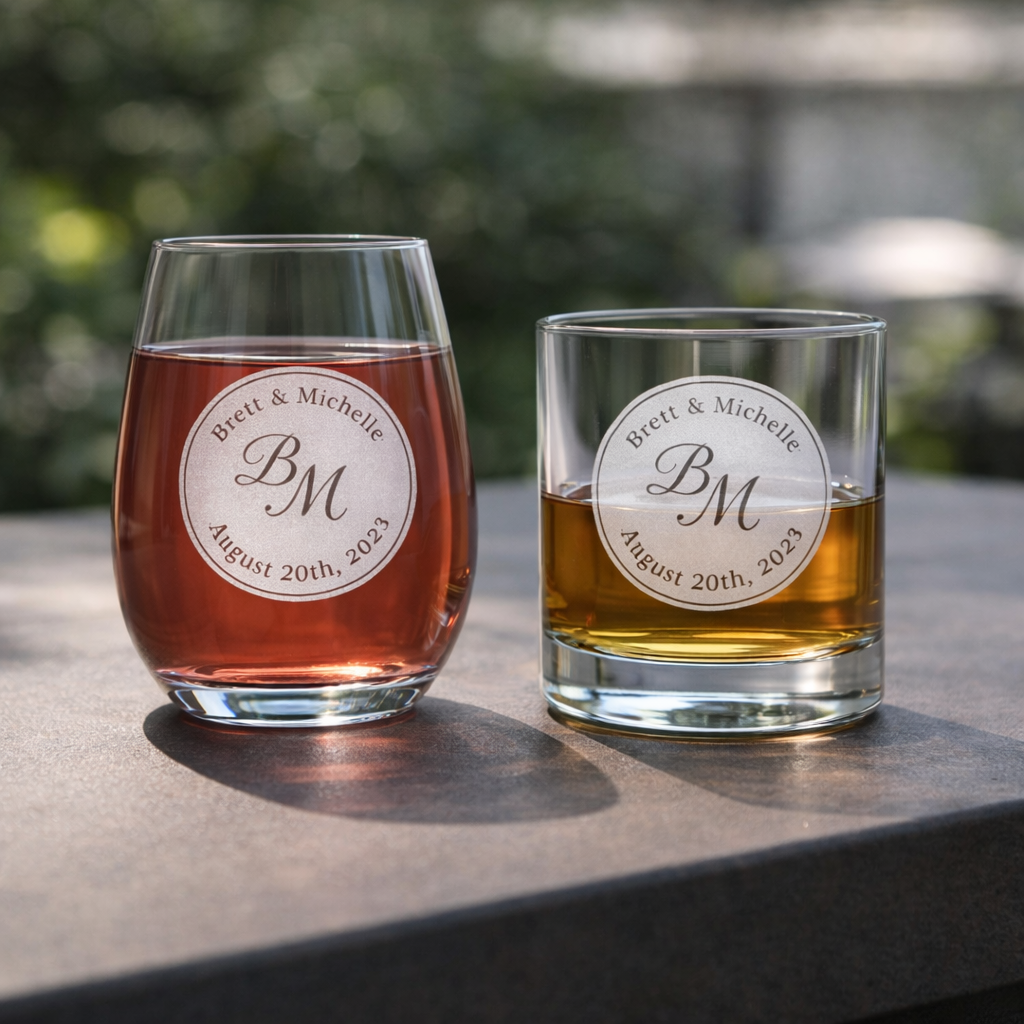 Personalized Circular Monogram Glassware Set with Names & Date