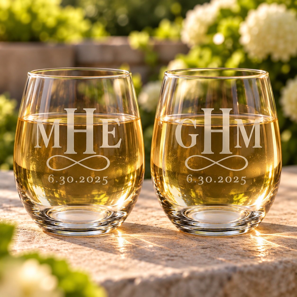 Personalized infinity loop stemless wine glasses