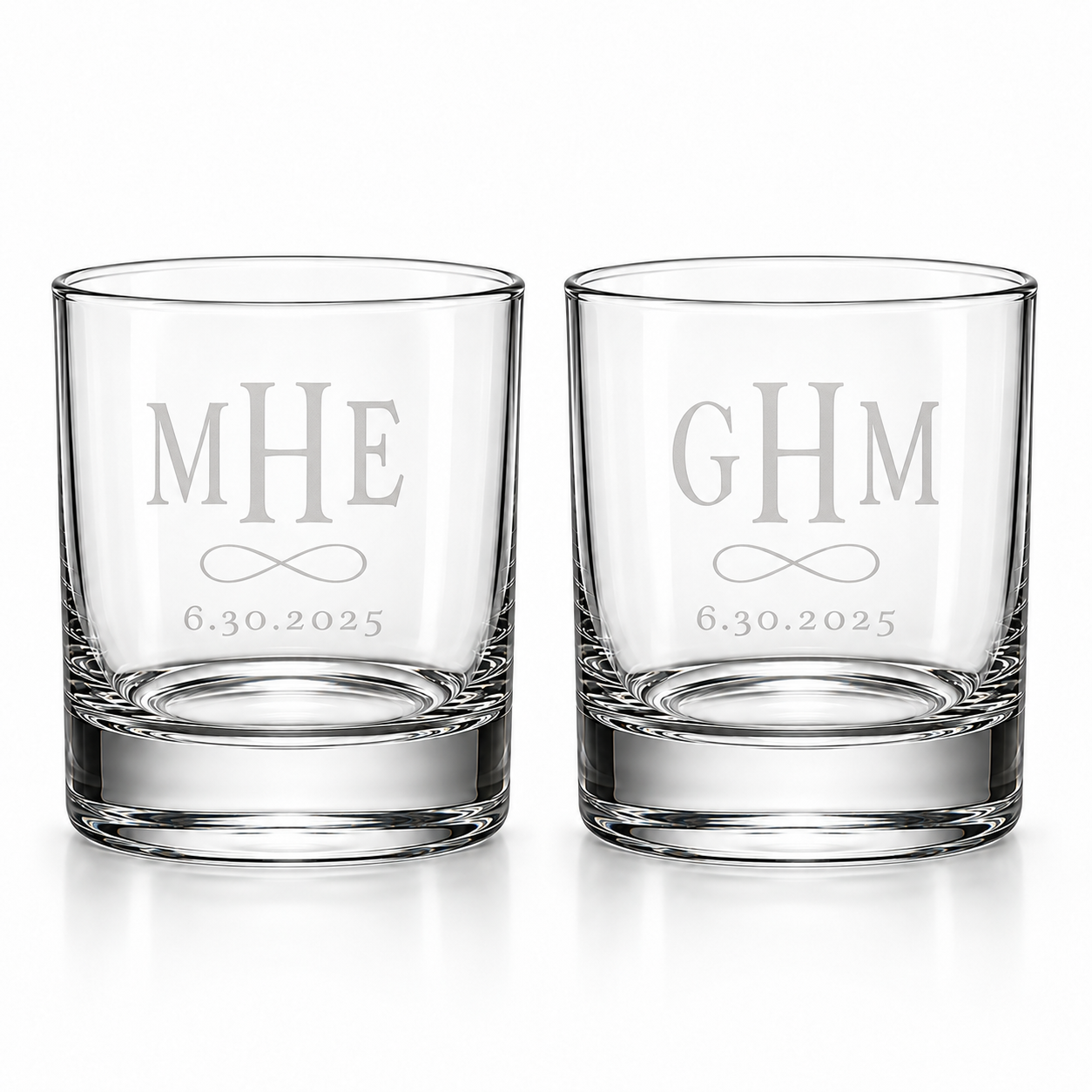 Infinity loop monogram whiskey glasses with optional date