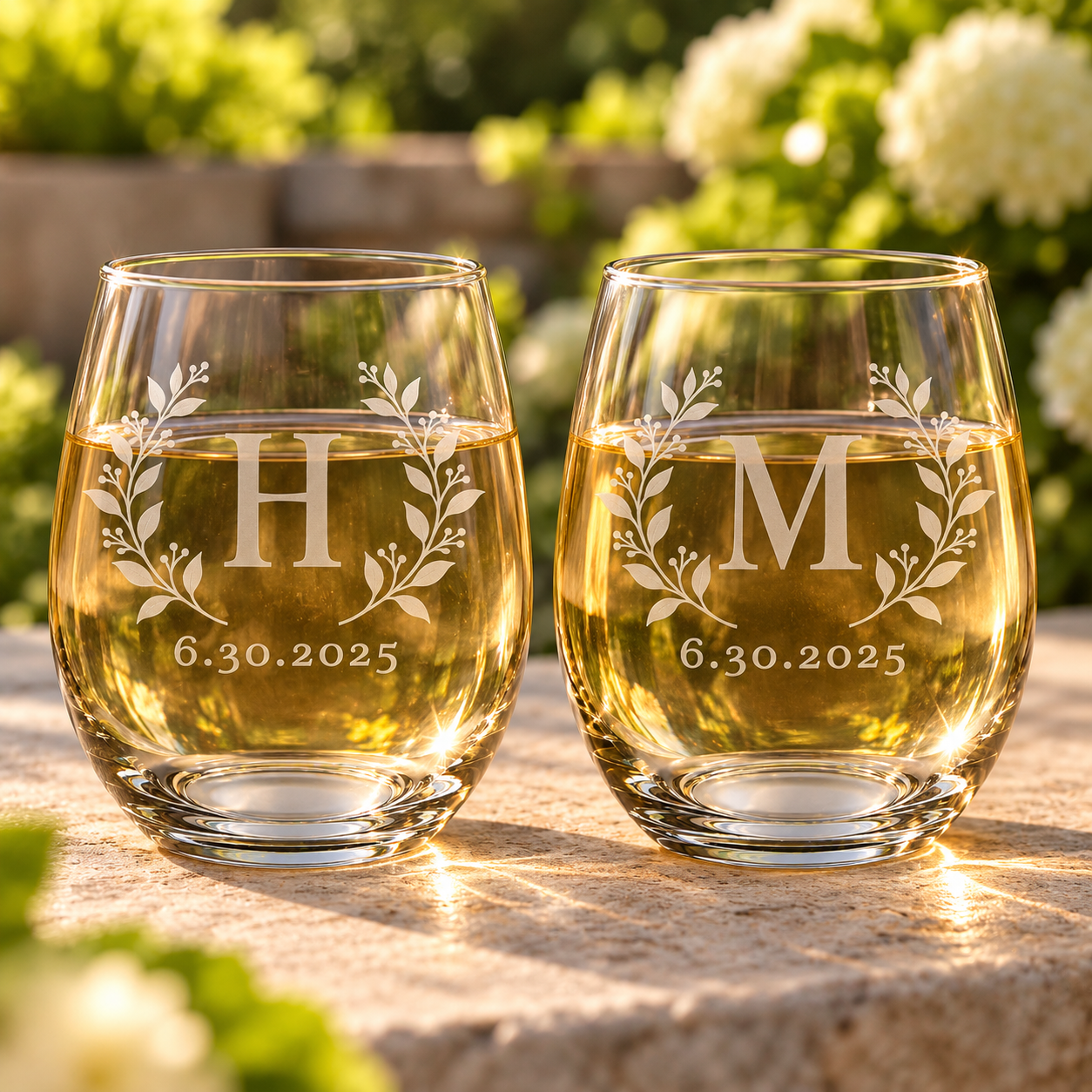 Personalized botanical initial stemless wine glasses