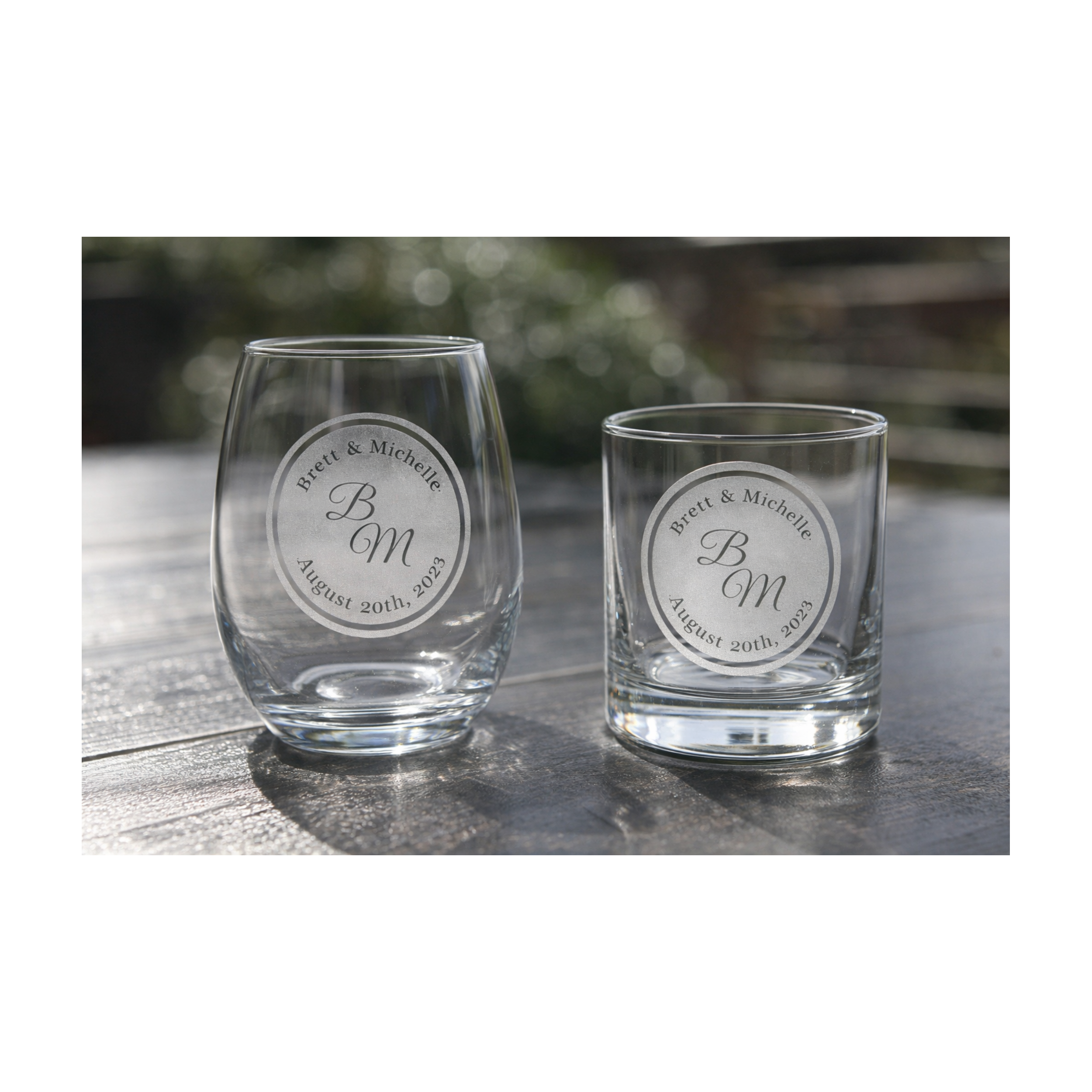 Personalized monogram champagne flutes, stemless wine, rocks glass,  with circular design, names, and wedding date engraving