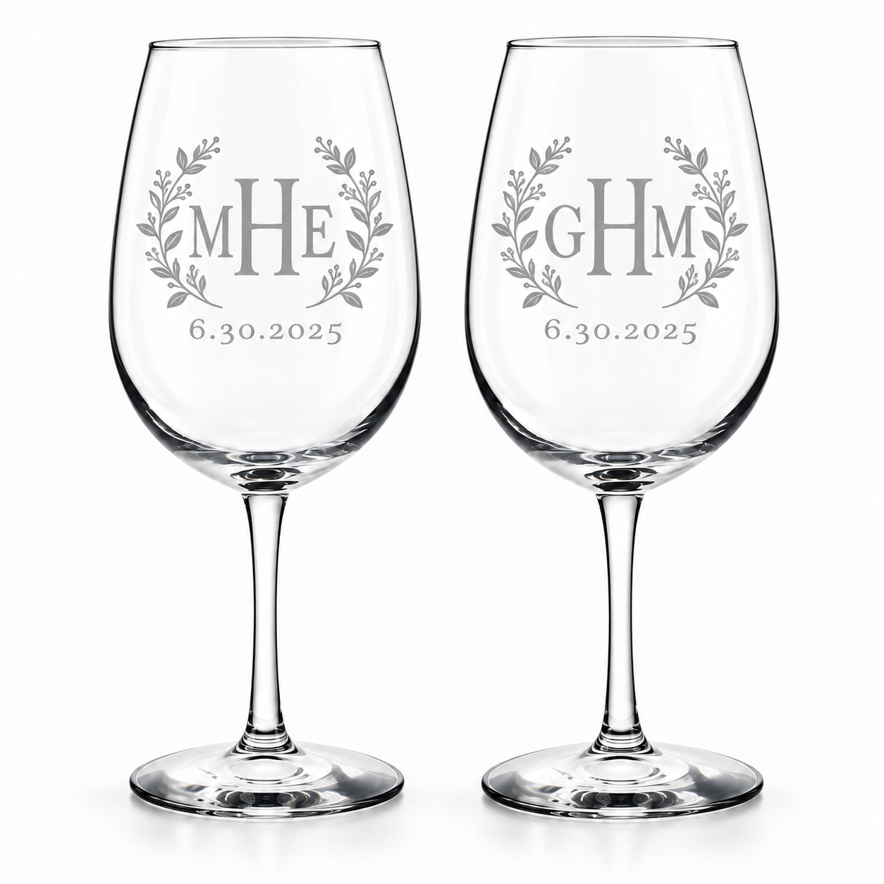 Botanical Wreath Monogram wine glasses with optional date