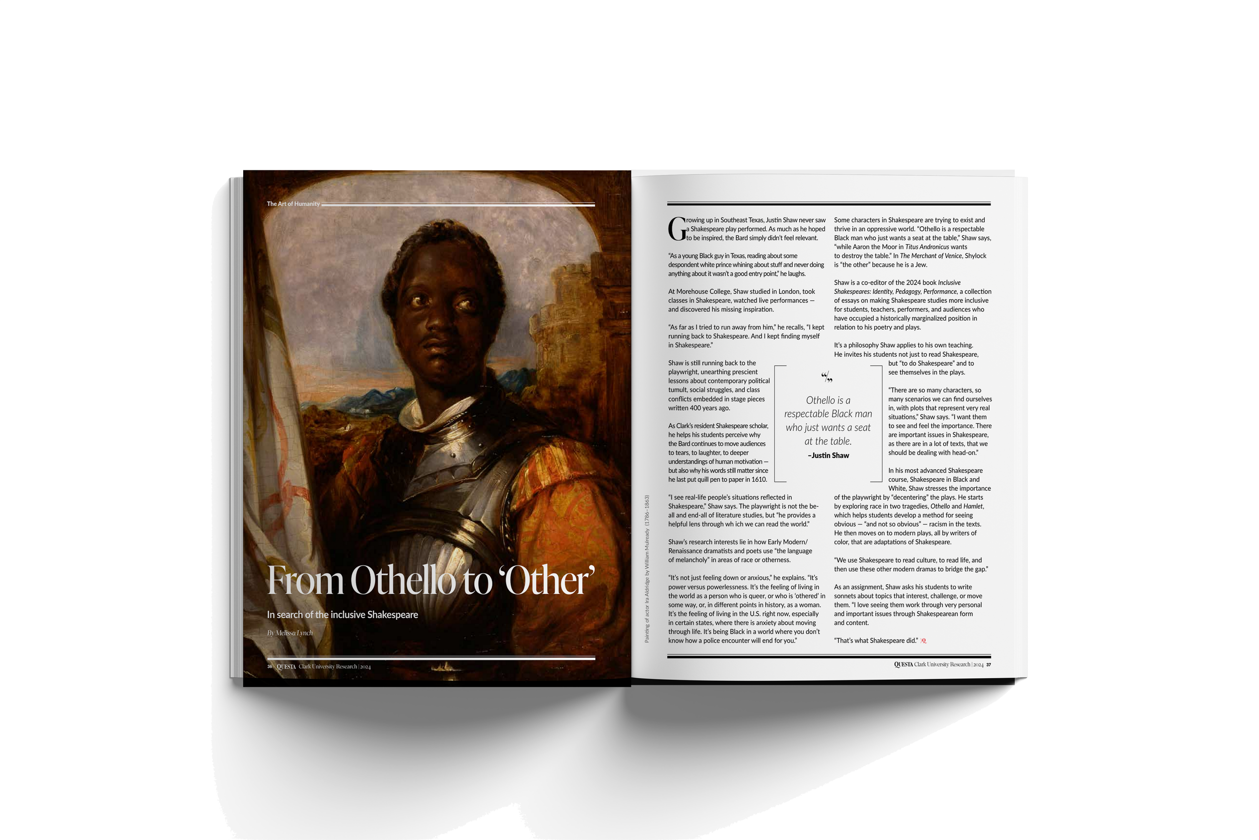 Open magazine with an article titled "From Othello to 'Other'" showing a portrait of a Black man in a historical costume on the left page, and text about Shakespeare and racial themes on the right page.