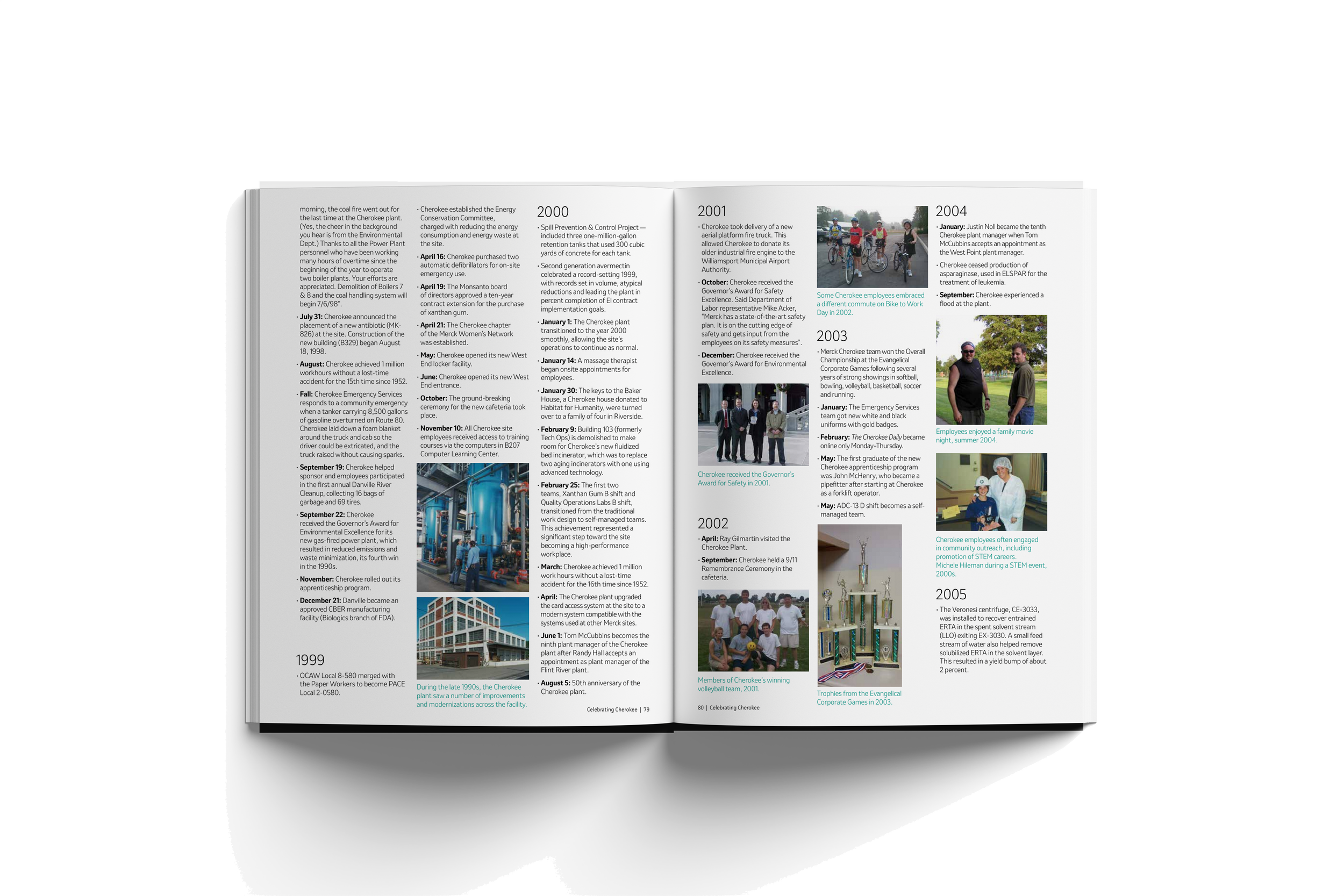 Open magazine with articles and photos about Cherokee's history and community events from 1999 to 2005, featuring images of people, meetings, and landmarks.
