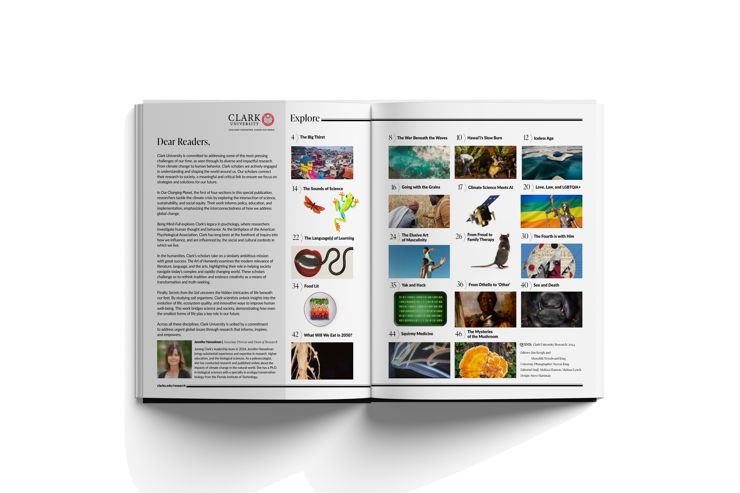 Open magazine with article about Clark University on left page and a list of topics with numbered images on the right page.