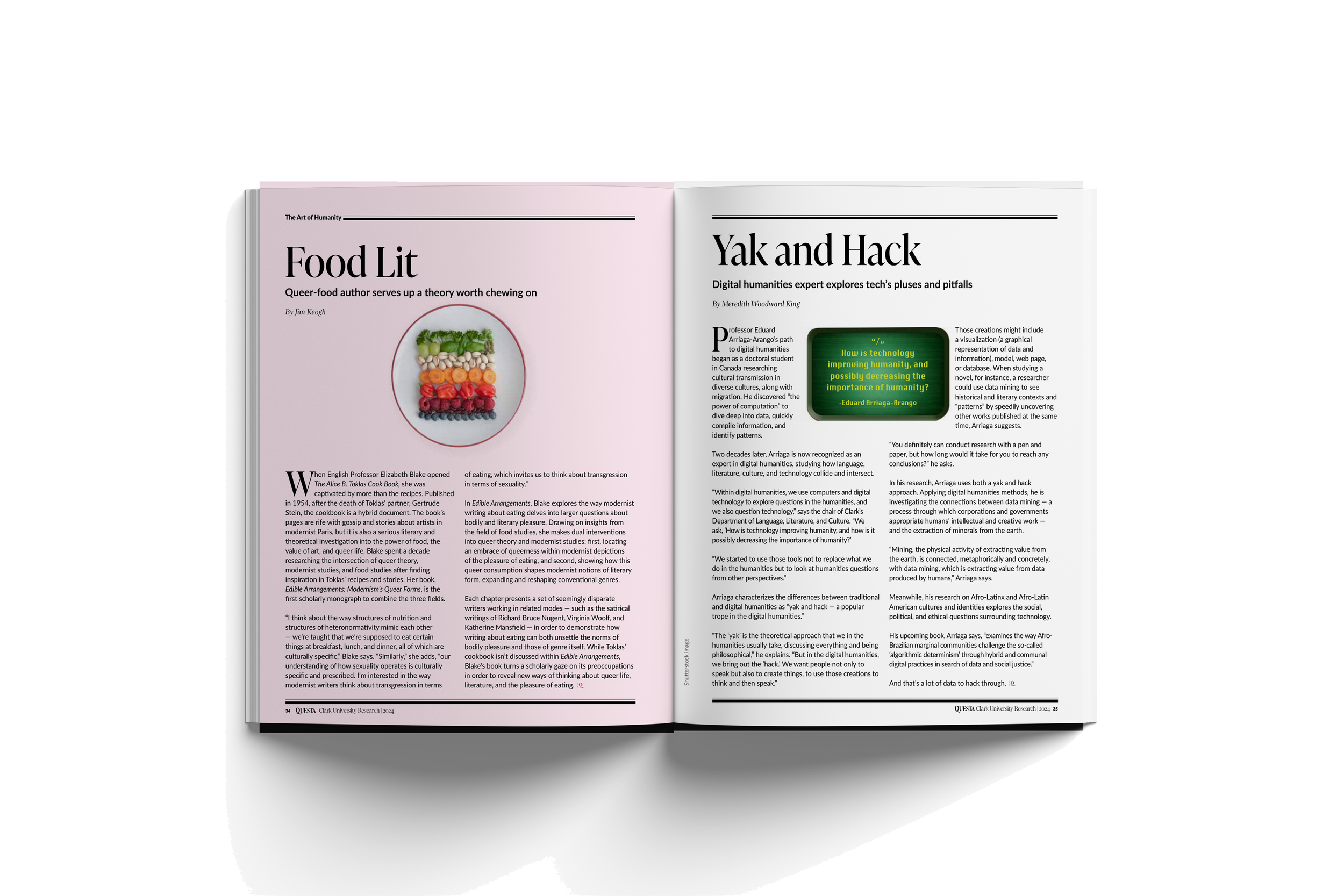 Open magazine with two pages featuring articles titled 'Food Lit' and 'Yak and Hack.' The left page has an image of a layered dish with various colorful ingredients.