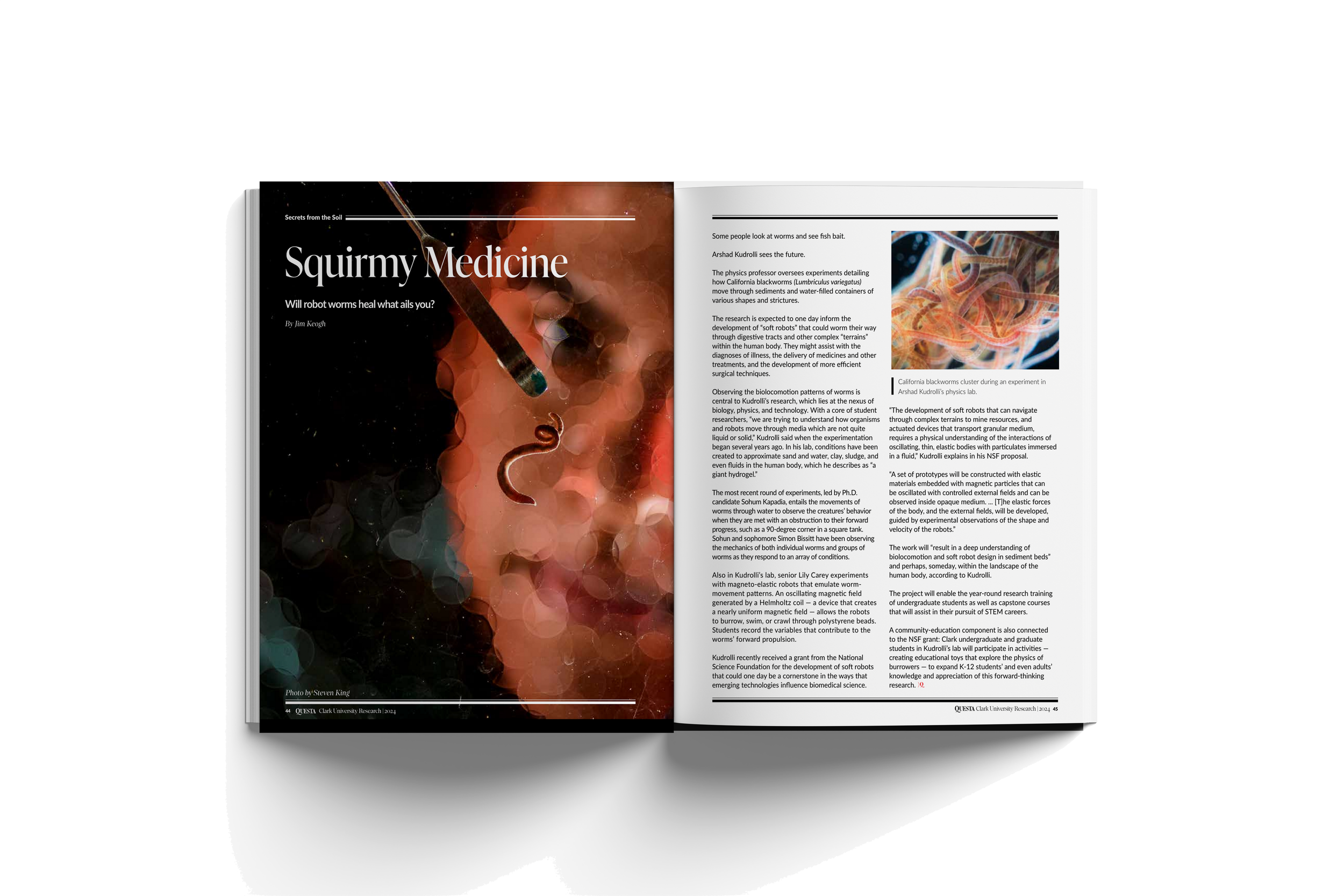 Open magazine showing an article titled 'Squirmy Medicine' with a close-up of a worm and an experiment image with worms in fluid.