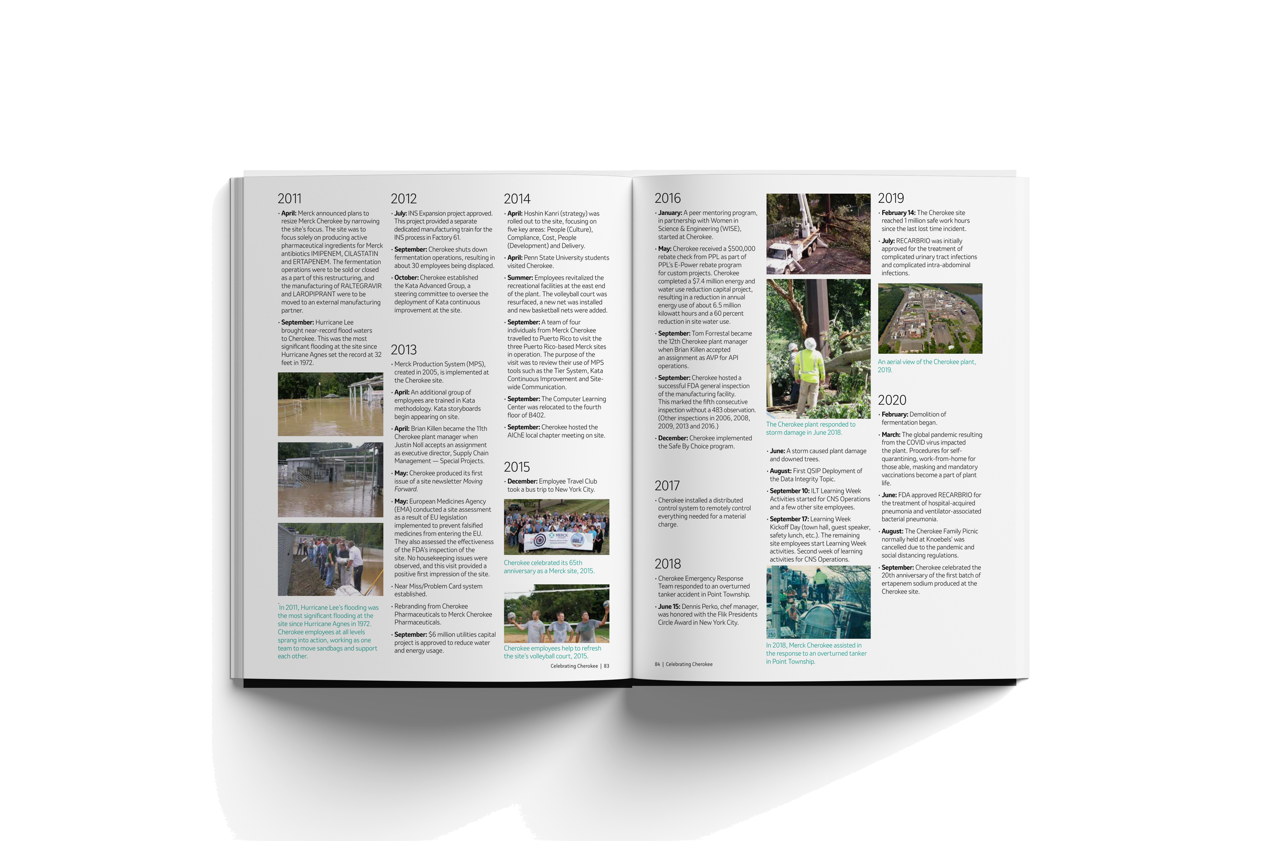 Open magazine displaying a timeline of events from 2011 to 2019, with accompanying photos of Cherokee site flooding, workers, and projects.