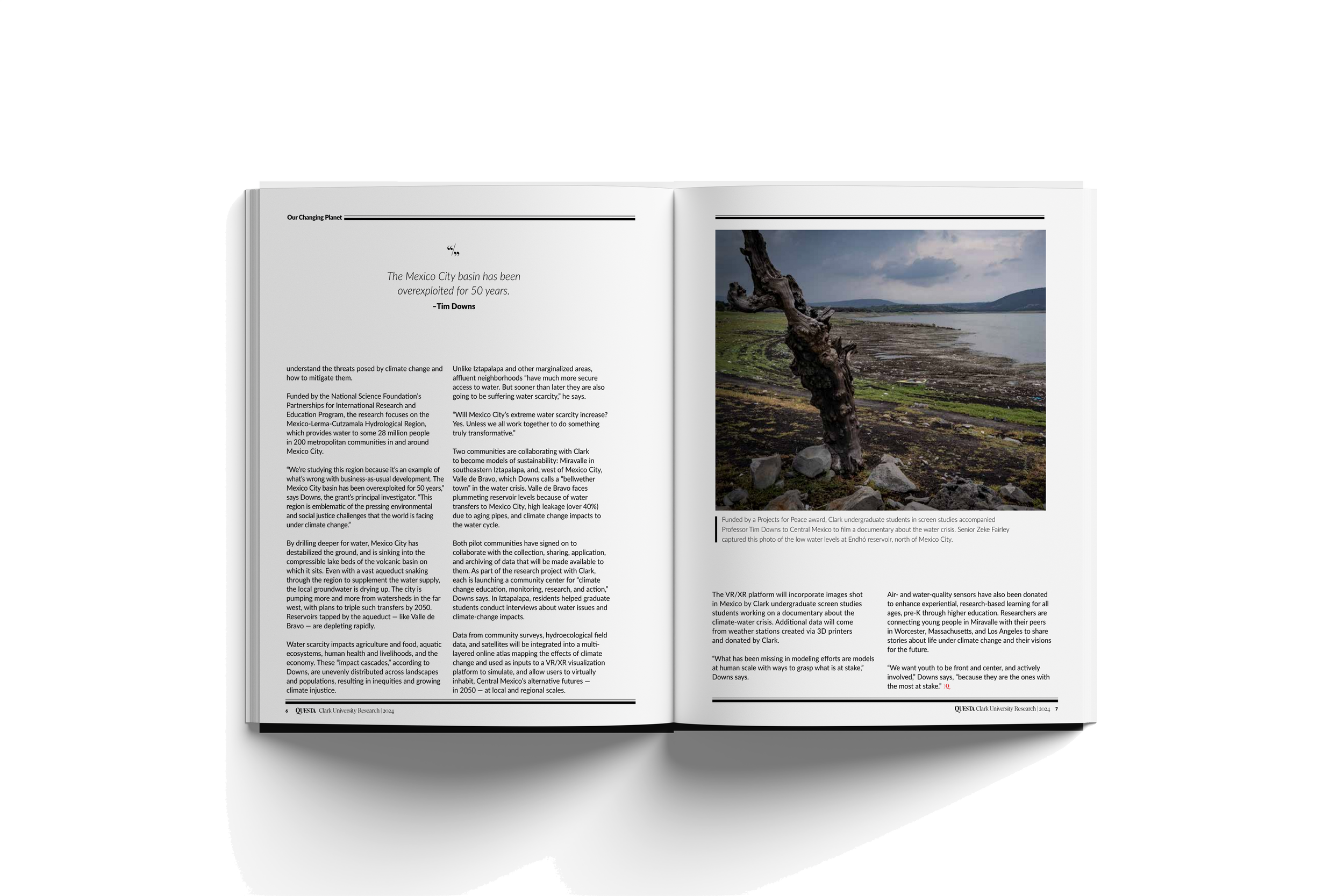 Open magazine showing an article with a quote from Tim Downs on climate change, along with a large photograph of a bent, leafless tree by a body of water with a cloudy sky in the background.