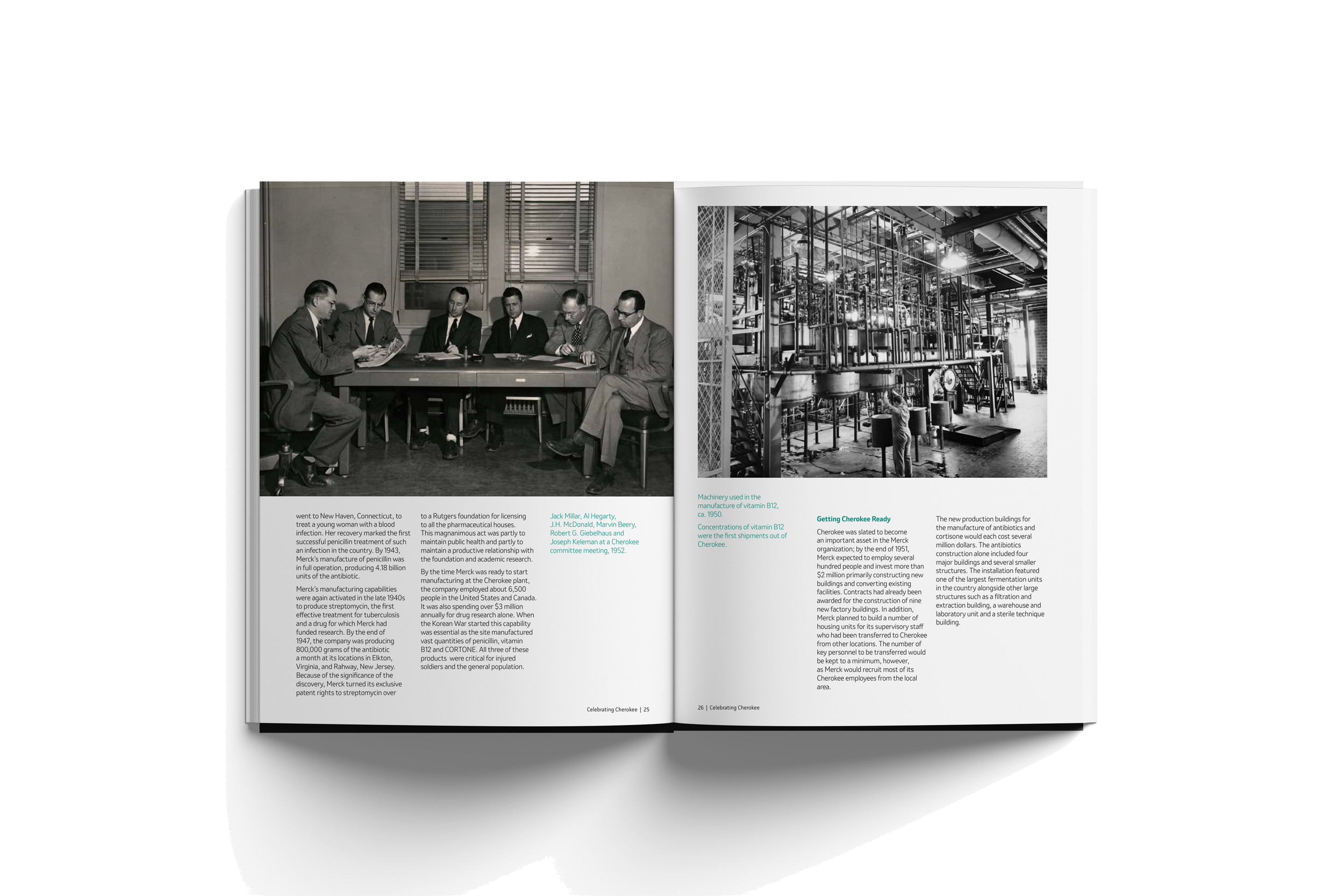 Open book with two black and white photographs and accompanying text on both pages. The left photo shows six men in suits sitting at a conference table in a room with wooden walls and windows. The right photo shows the interior of a factory or indust