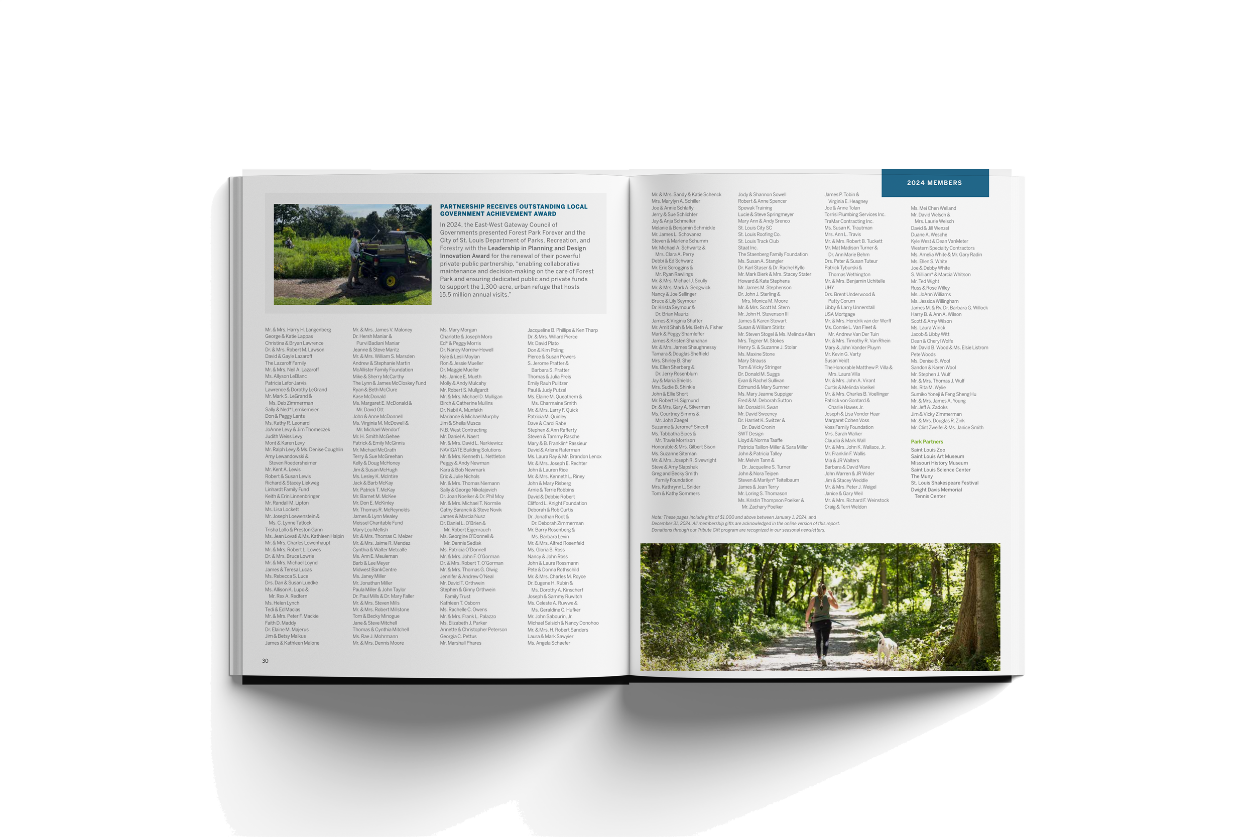 Open magazine spread featuring text and two photographs, one of a grassy area with a person riding a utility vehicle, and another of a woman running with a dog in a lush park.
