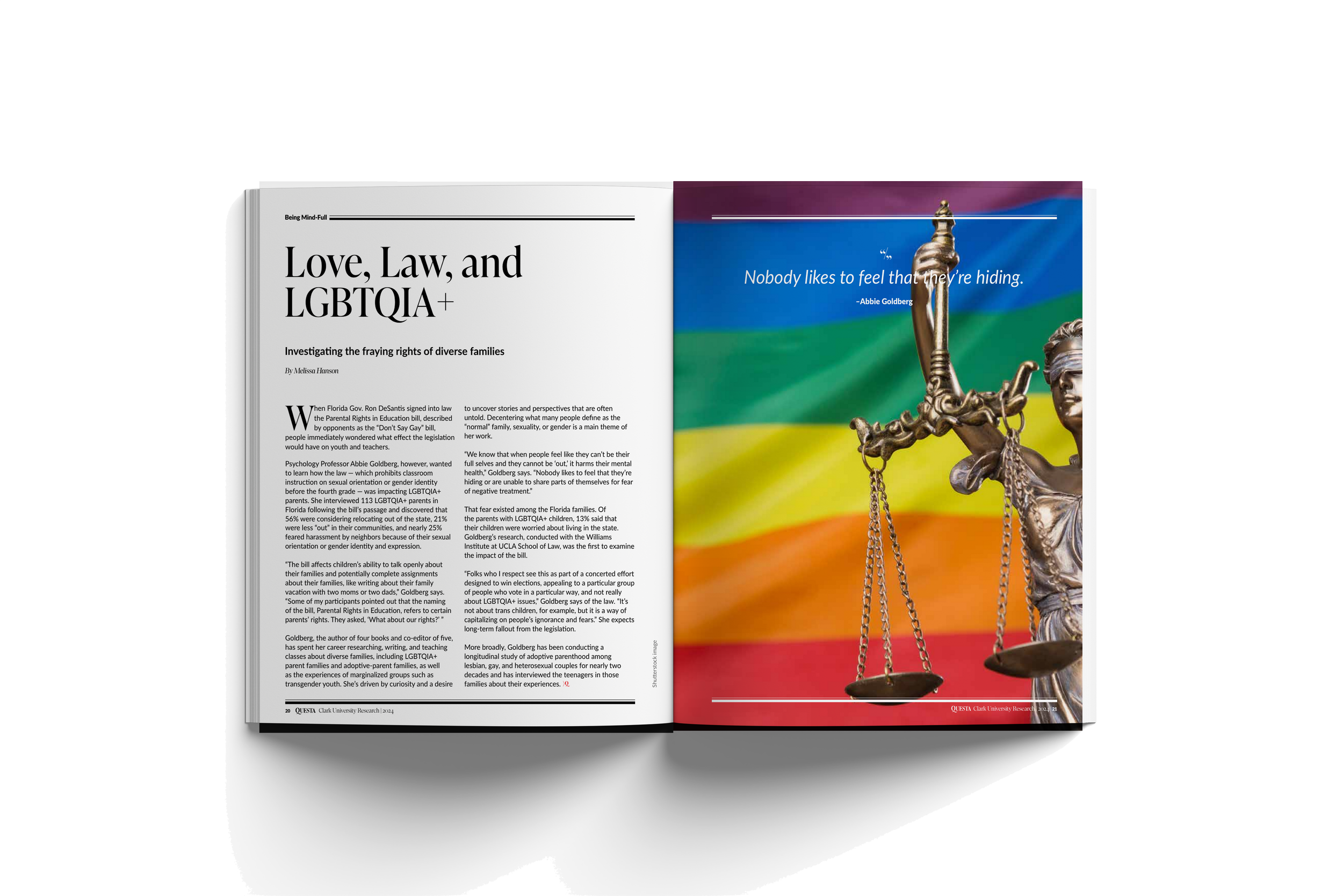 Open magazine with article titled "Love, Law, and LGBTQIA+" on the left page and a picture of the scales of justice against a rainbow background on the right page, with a quote from Abbie Goldberg.