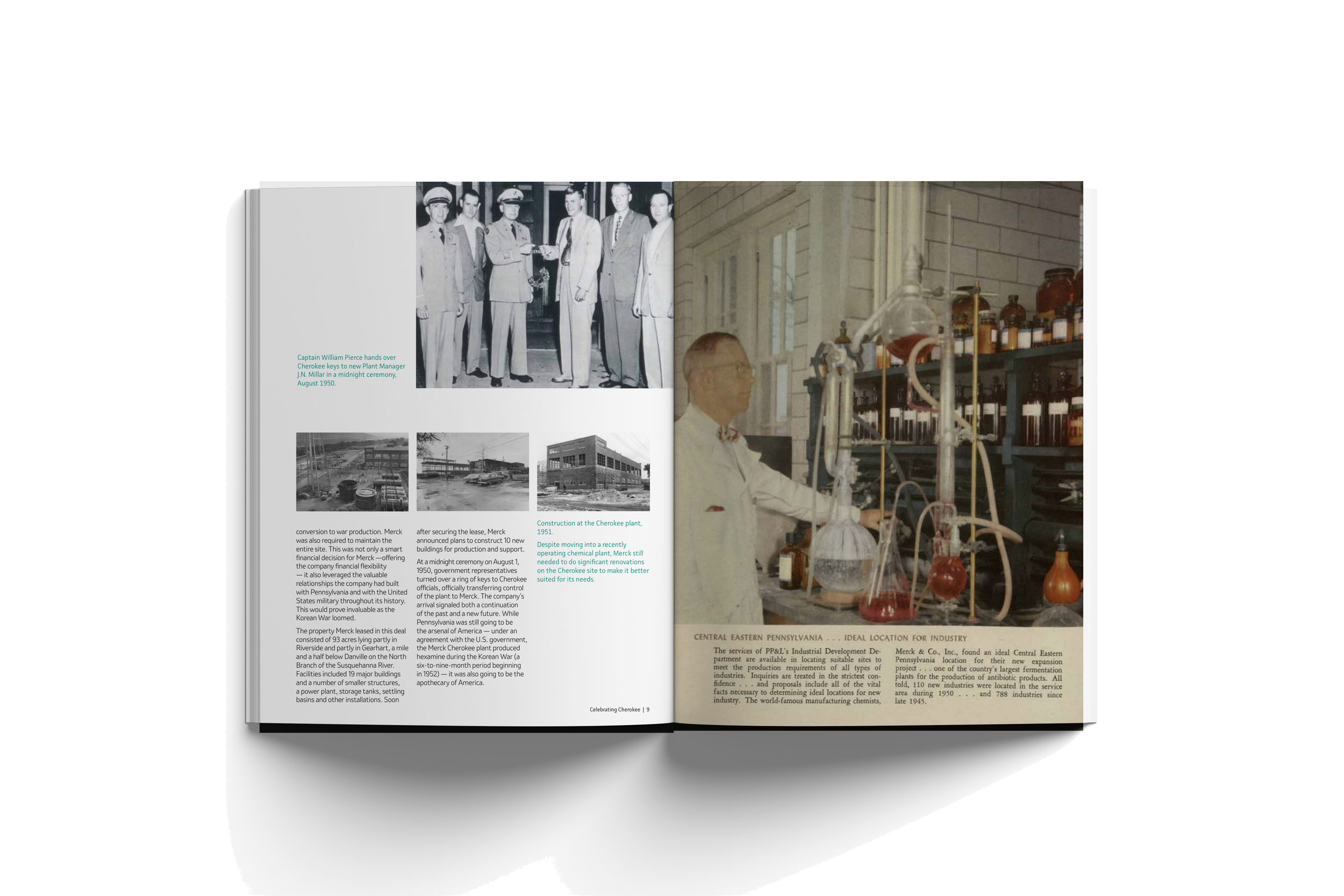 Open magazine showing historical photos of military personnel and construction, with a scientist working in a laboratory.