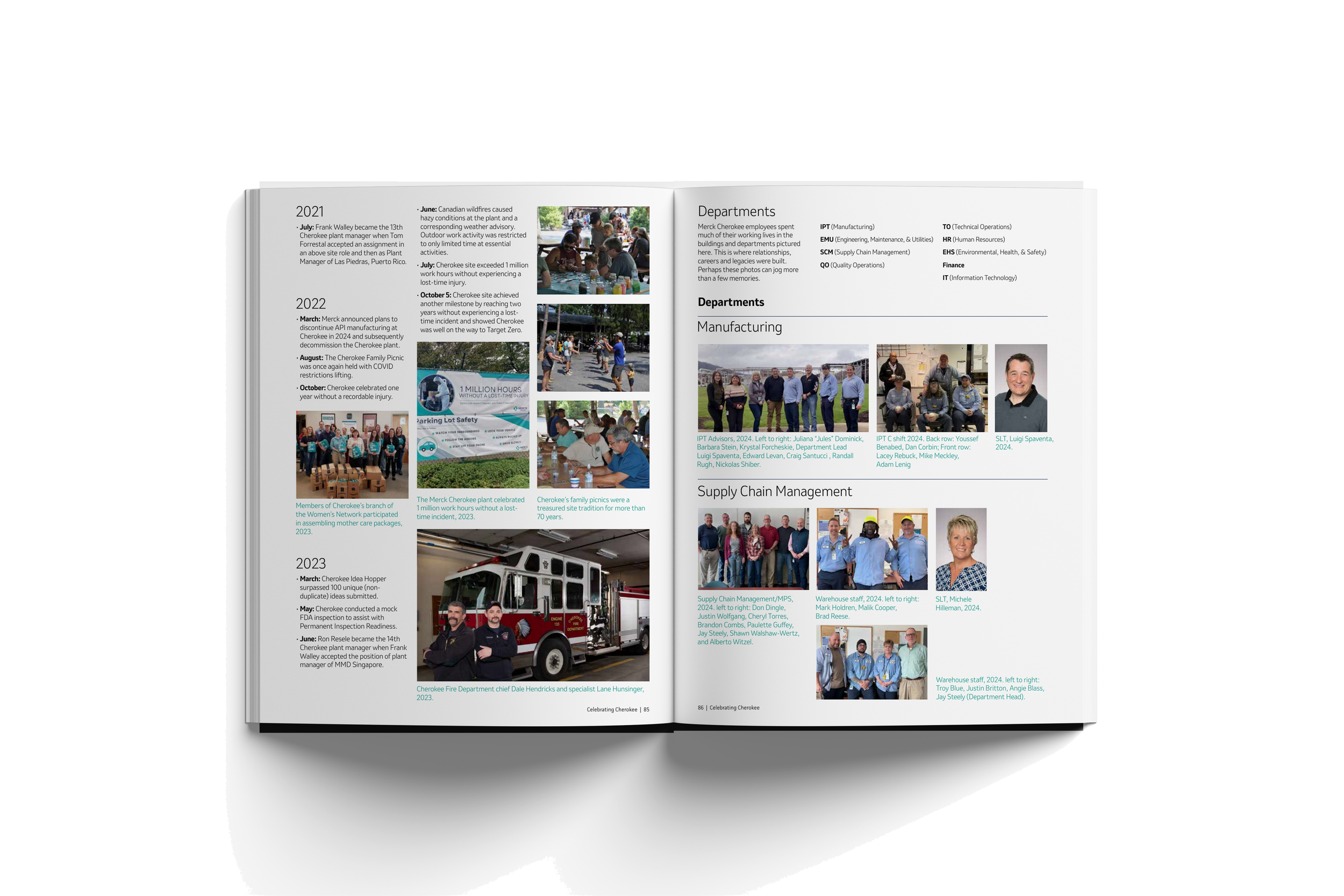 Open magazine with pages showing Cherokee community events, departments, manufacturing, supply chain management, and photos of people at events and work.