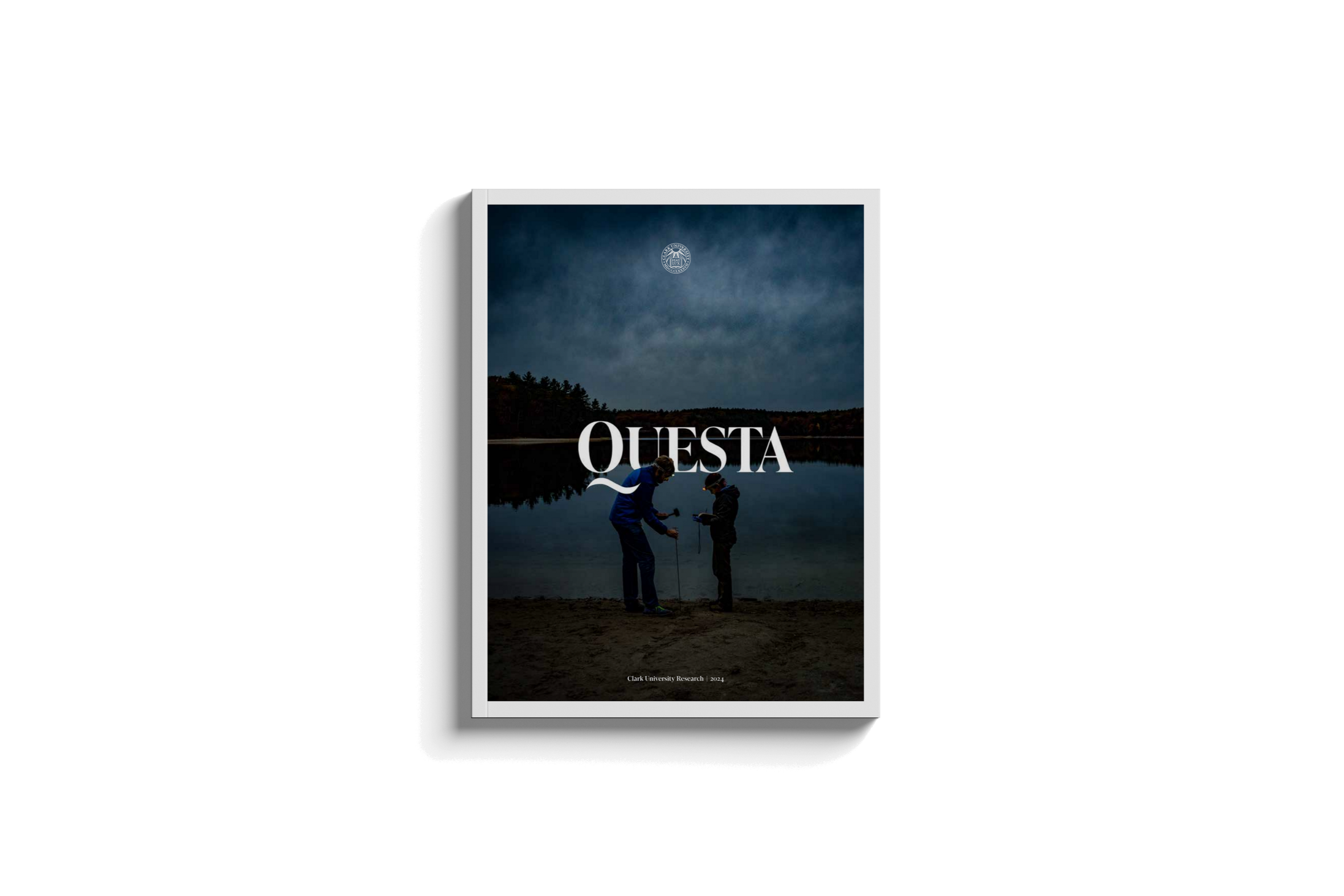 Book cover titled "QUESTA" showing two people standing by a lake under a cloudy sky at dusk.