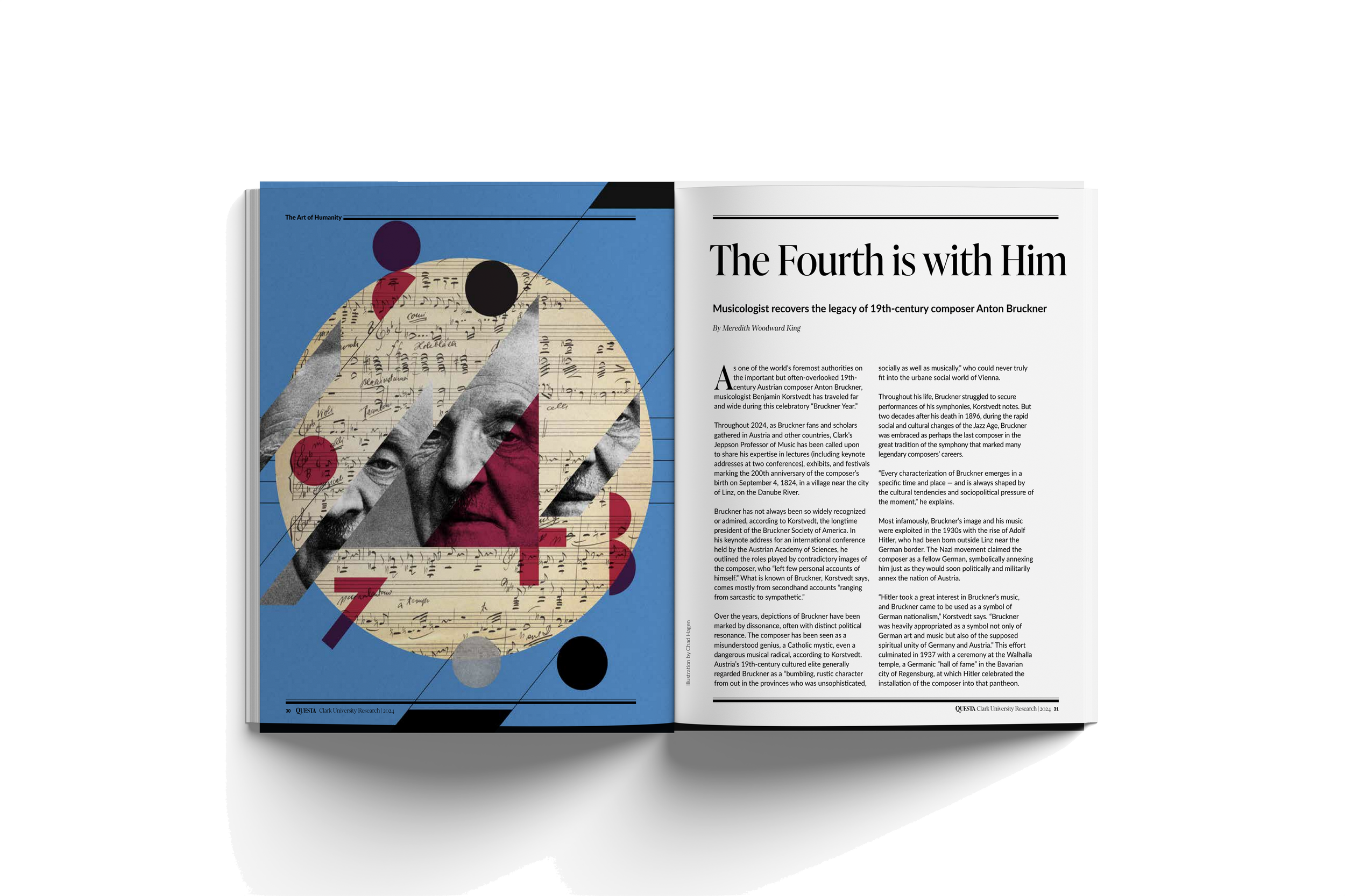Open magazine spread with an article titled "The Fourth is with Him" and a graphic illustration on the left page showing musical notes, geometric shapes, and a black and white photo of a man’s face.