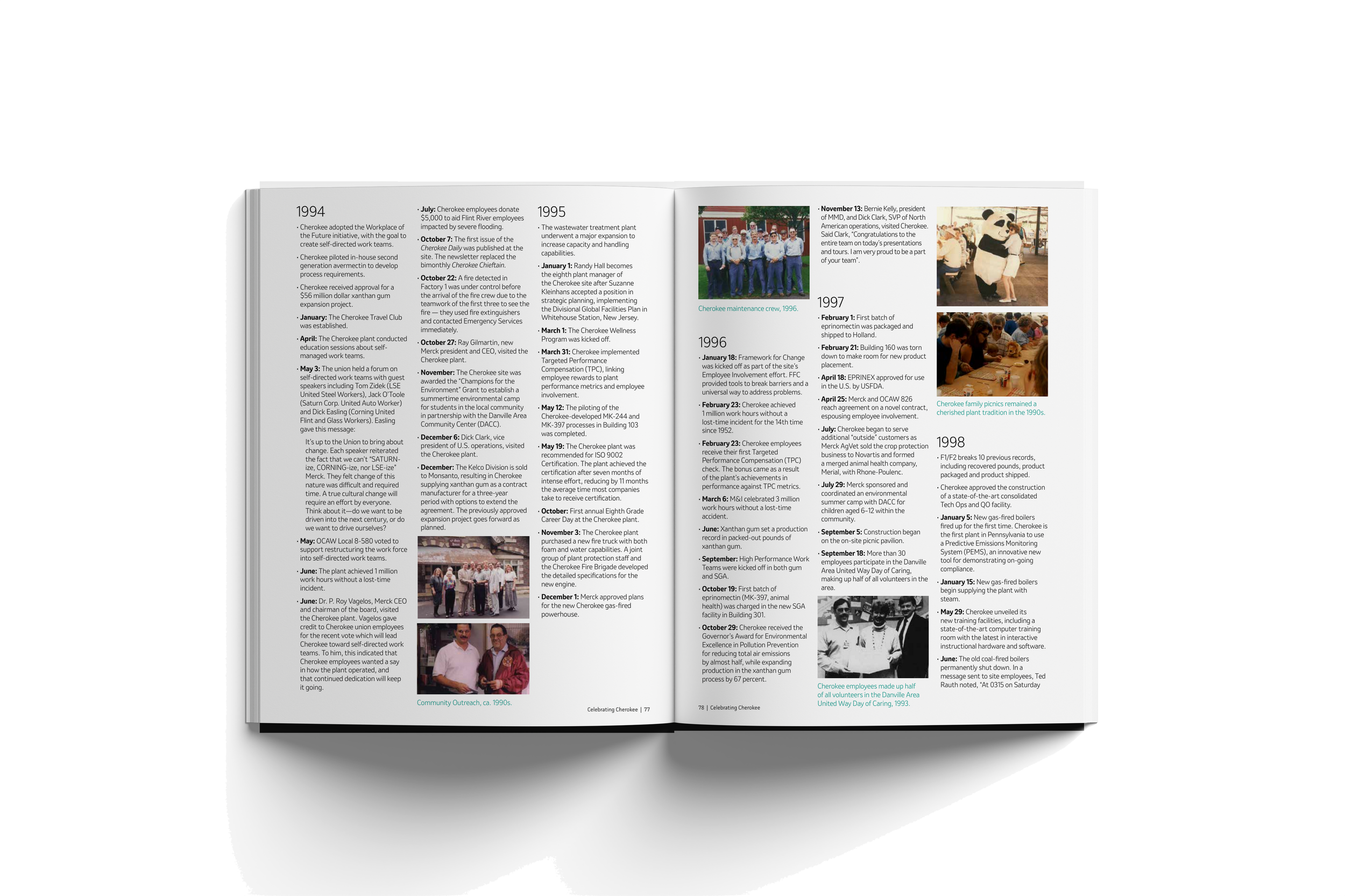 Open magazine with timeline of Cherokee community events from 1994 to 1998, featuring photos of people and community activities.