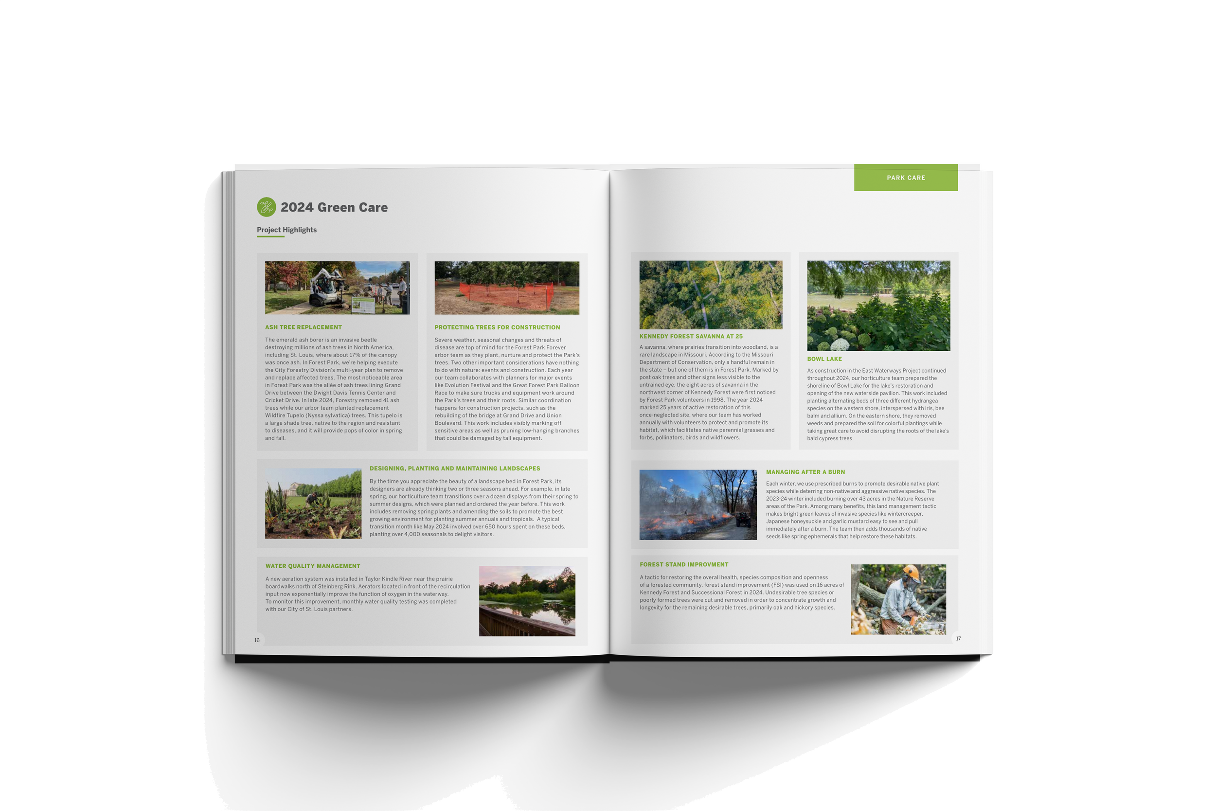 Open magazine spread titled '2024 Green Care' with sections on project highlights, tree replacement, tree protection, forest preservation, landscape design, water quality, fire management, and forest improvements, featuring images of trees, forests, 