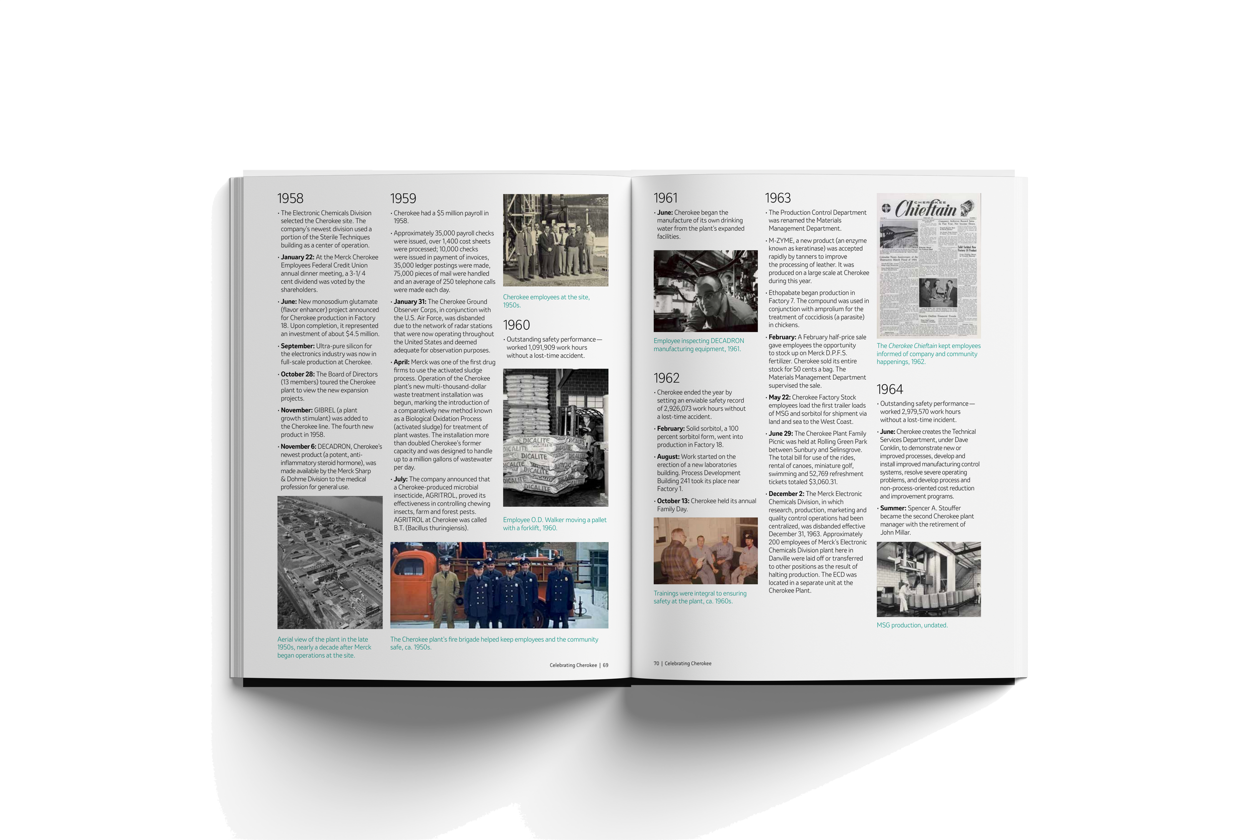 Open magazine with chronological history of Cherokee operations from 1958 to 1964, including black and white and color photos of employees, factory scenes, and events.