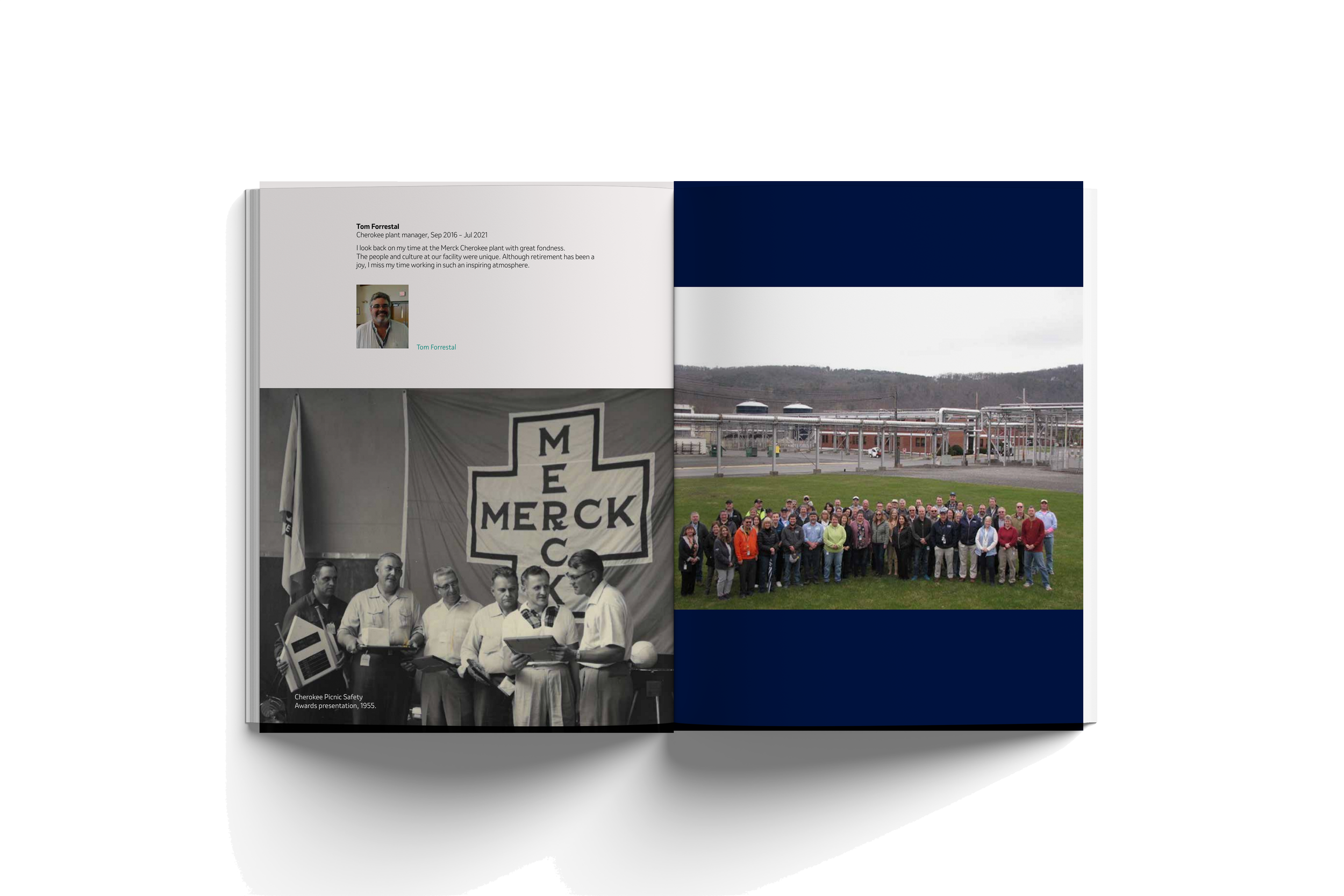 Open book showing a photo of a group of people outdoors near industrial pipes, a historical black and white photo of a group of men at a Merck event in 1955, and a profile of Tom Forrestal with a short biography.