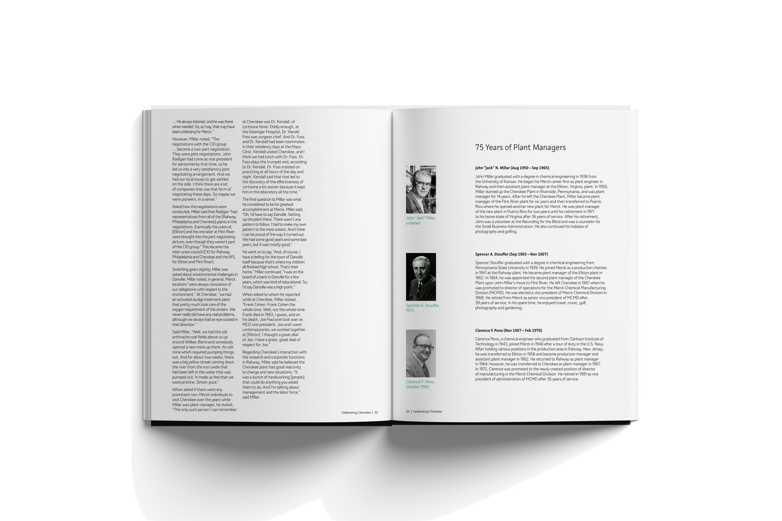 An open magazine featuring a page titled "75 Years of Plant Managers" with photos and biographical text about three plant managers, John "Jack" Millar, Spencer A. Stouffer, and Clarence F. Peno.