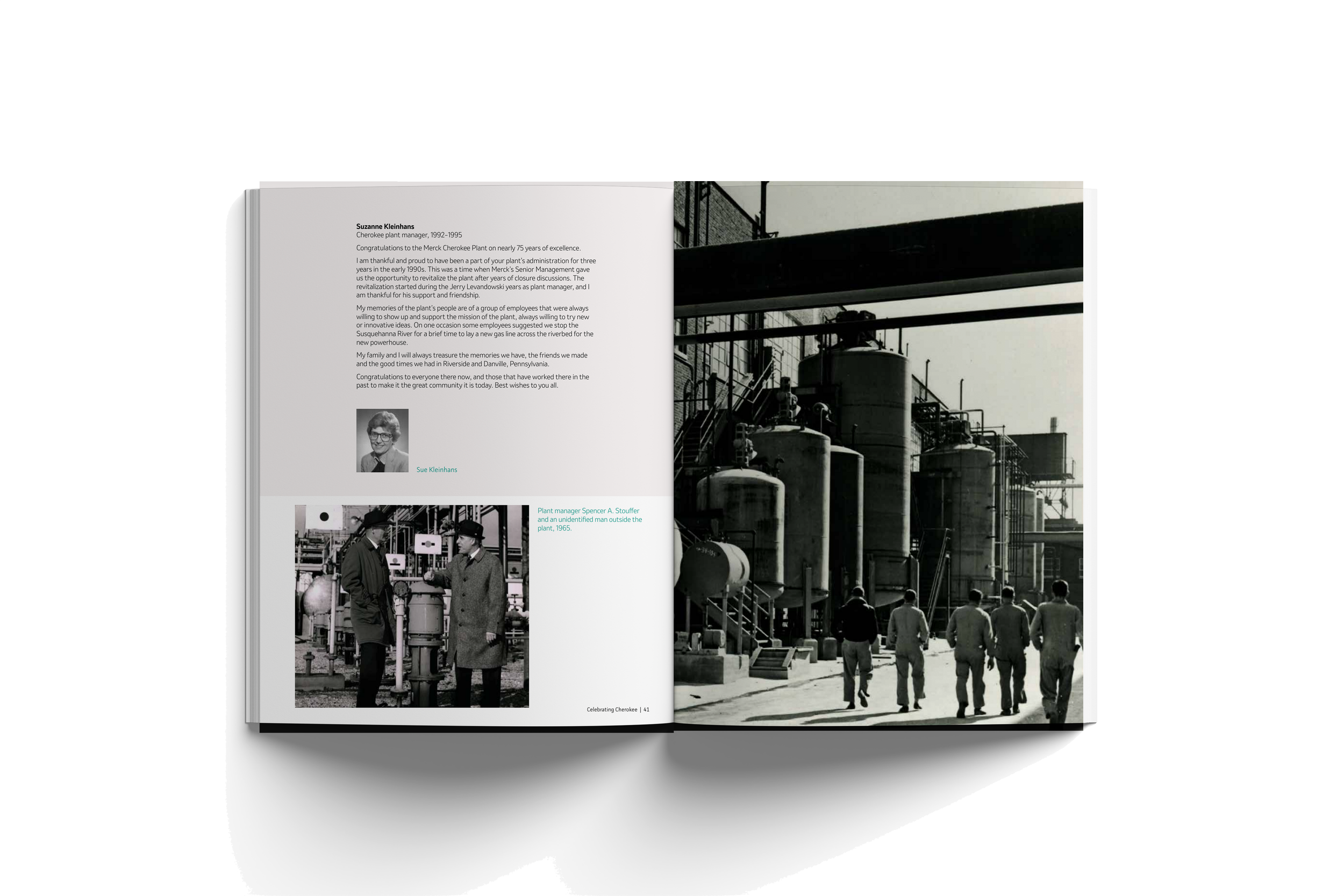 Open magazine with black-and-white photos of a factory, industrial tanks, and four men walking at the plant.