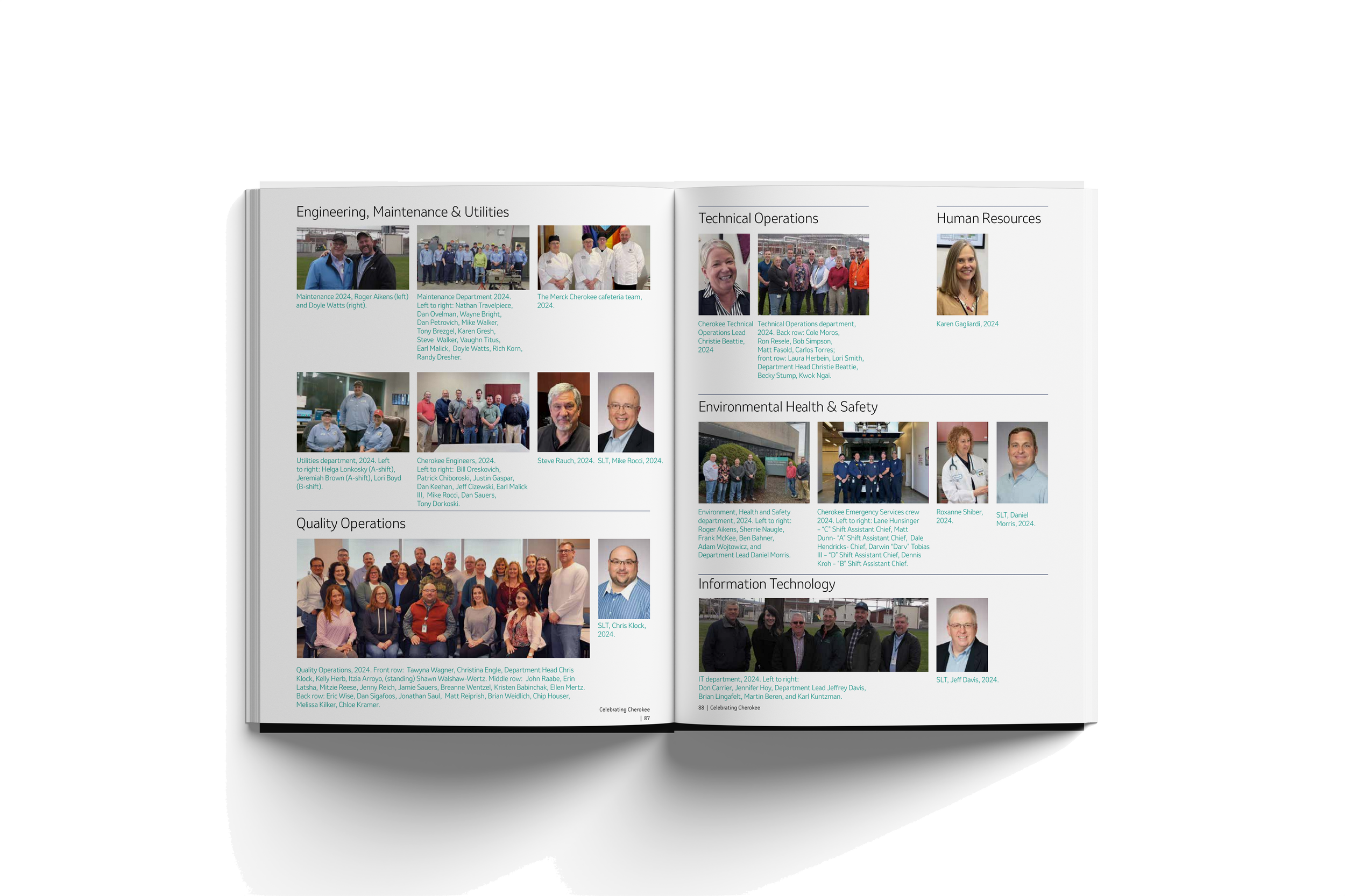 Open magazine spread featuring photos of employees in different departments such as Engineering, Maintenance, Technical Operations, Human Resources, Environmental Health & Safety, Quality Operations, and Information Technology, with captions and name