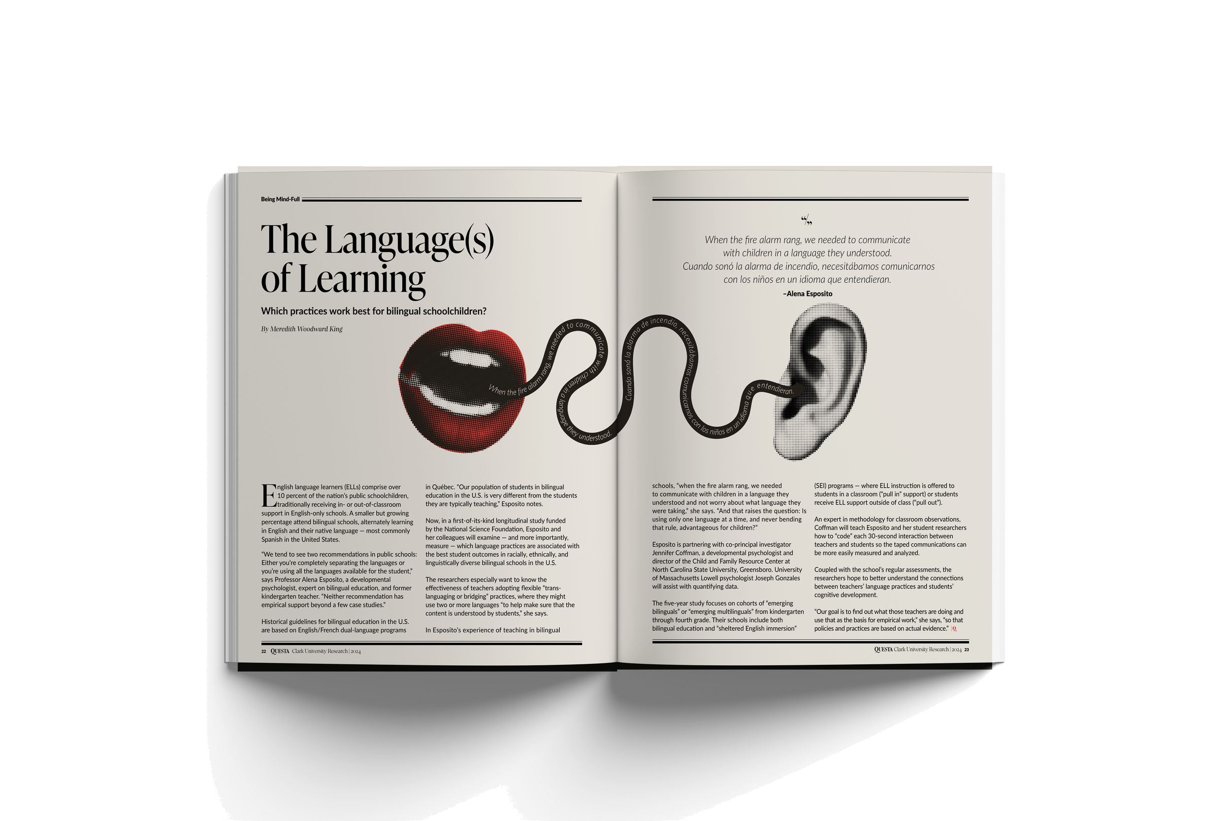 Open magazine showing an article titled 'The Language(s) of Learning' with a subtitle about practices for bilingual schoolchildren. The pages feature a large pixelated red lips on the left page and a pixelated black and white ear on the right page, c