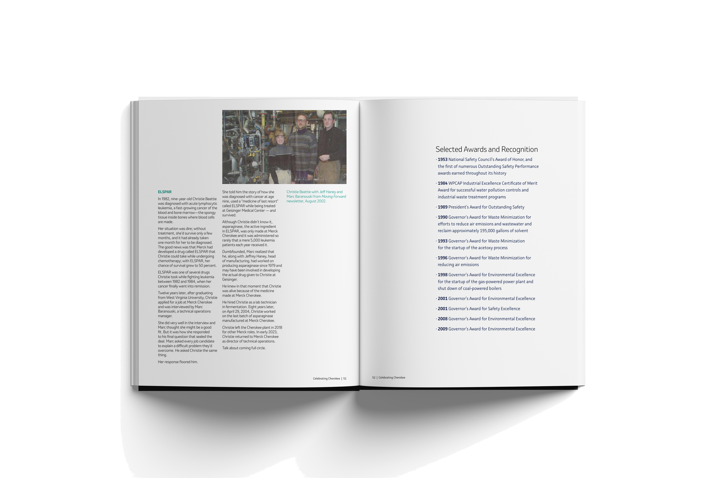 Open book with a photo of three people standing in an industrial setting on the left page and a list of awards and recognitions on the right page.