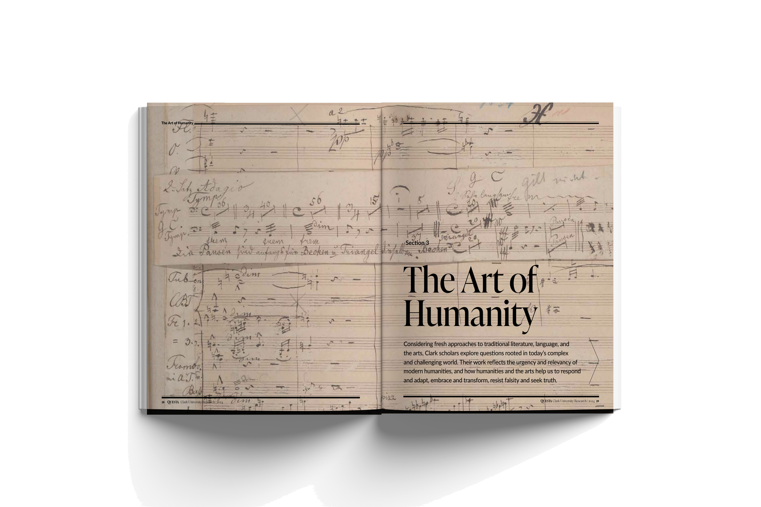 Open book with handwritten music notes and sketches, titled 'The Art of Humanity' with a description about exploring questions rooted in today's complex world.