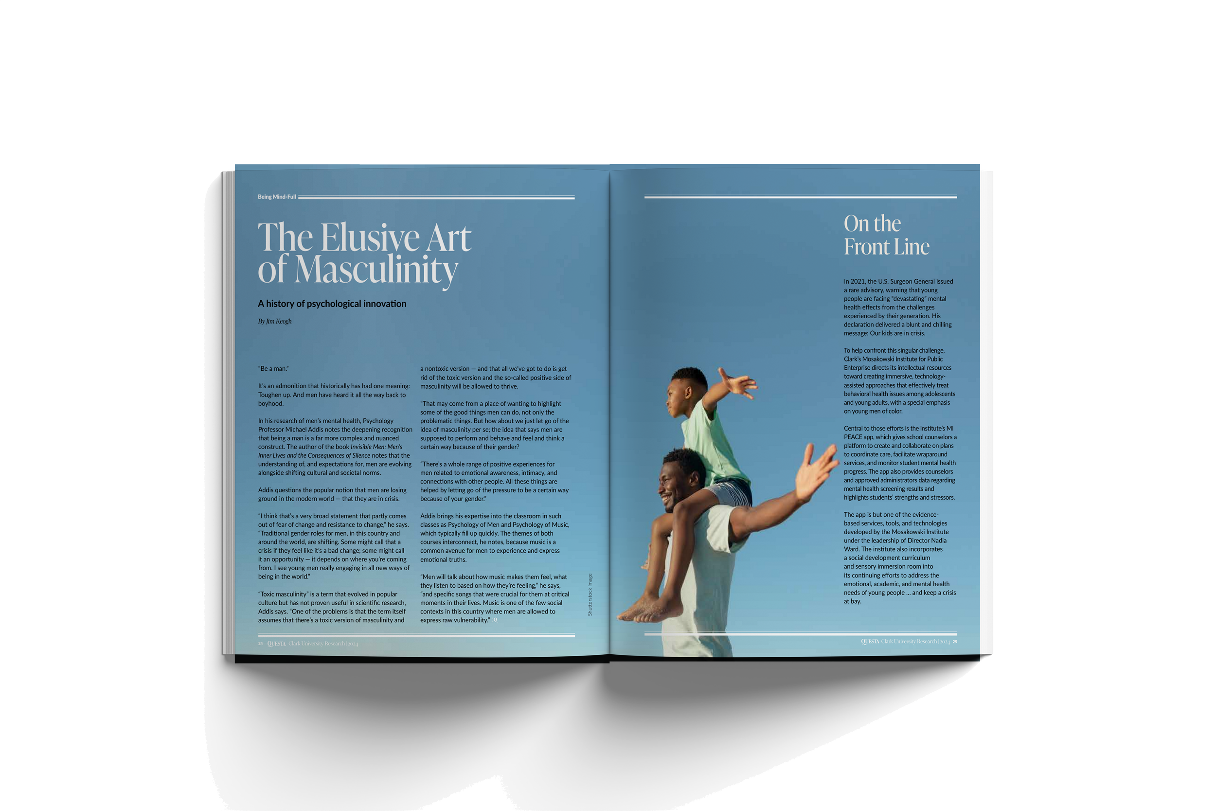 Open magazine featuring two-page article titled 'The Elusive Art of Masculinity' with a subtitle 'A history of psychological innovation'. On the right page, there is a smaller article titled 'On the Front Line' with an image of a man carrying a young