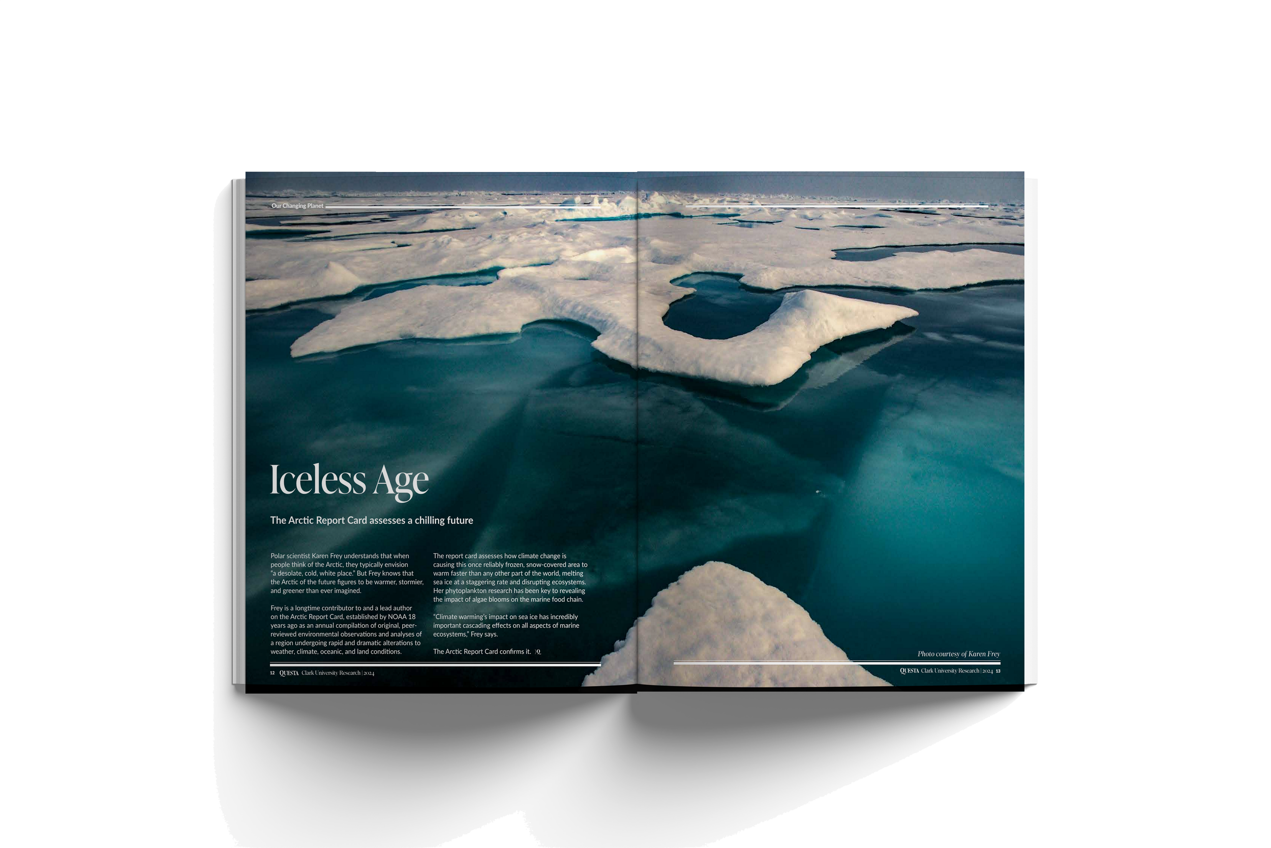 Magazine open to a double-page spread titled "Iceless Age" with an image of melting icebergs and Arctic sea water, and text discussing climate change impact on the Arctic.