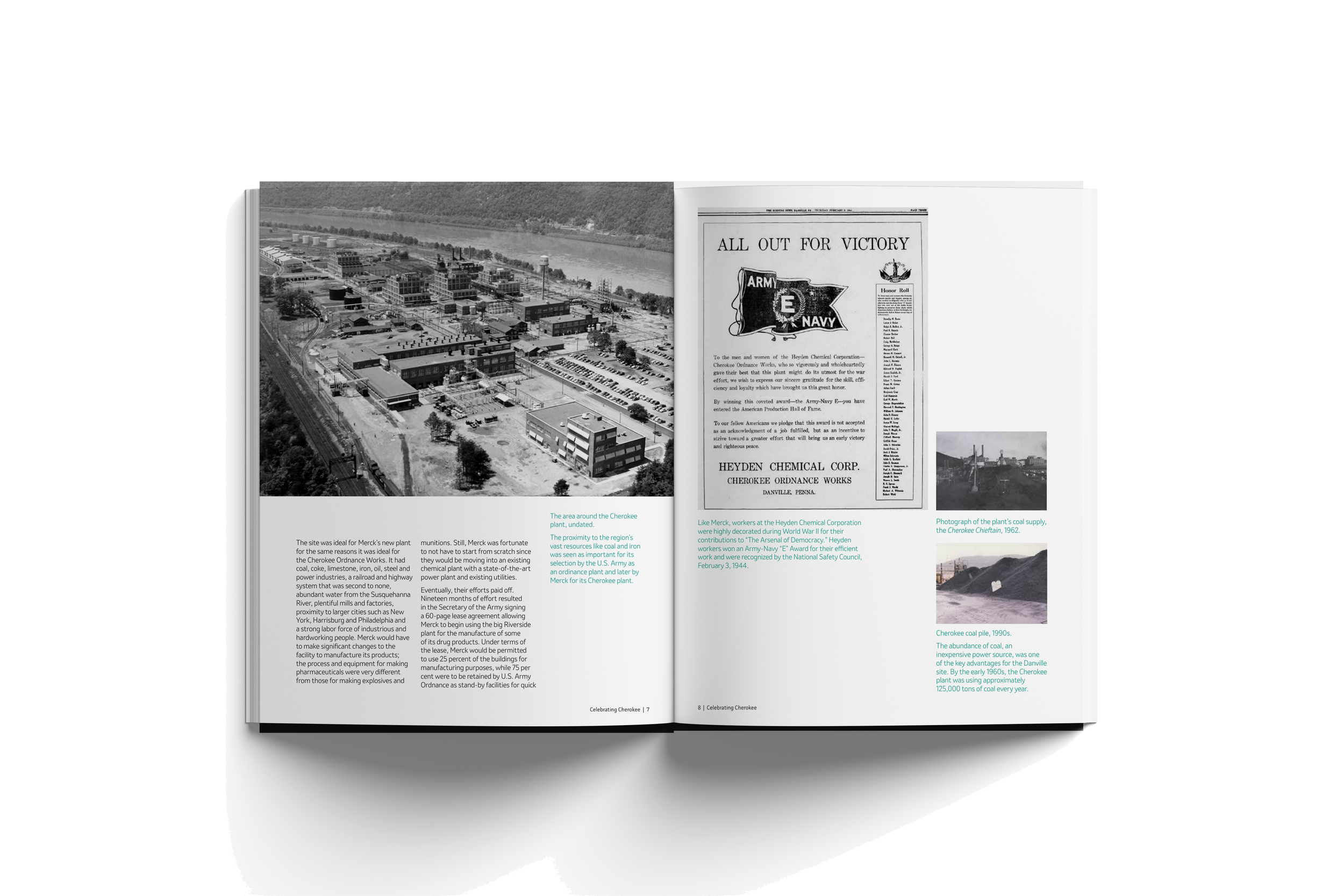 Open magazine with black and white aerial photo of a factory site next to a river on left page; right page has various historical images and text about Cherokee coal and the Cherokee Chief in 1990s.