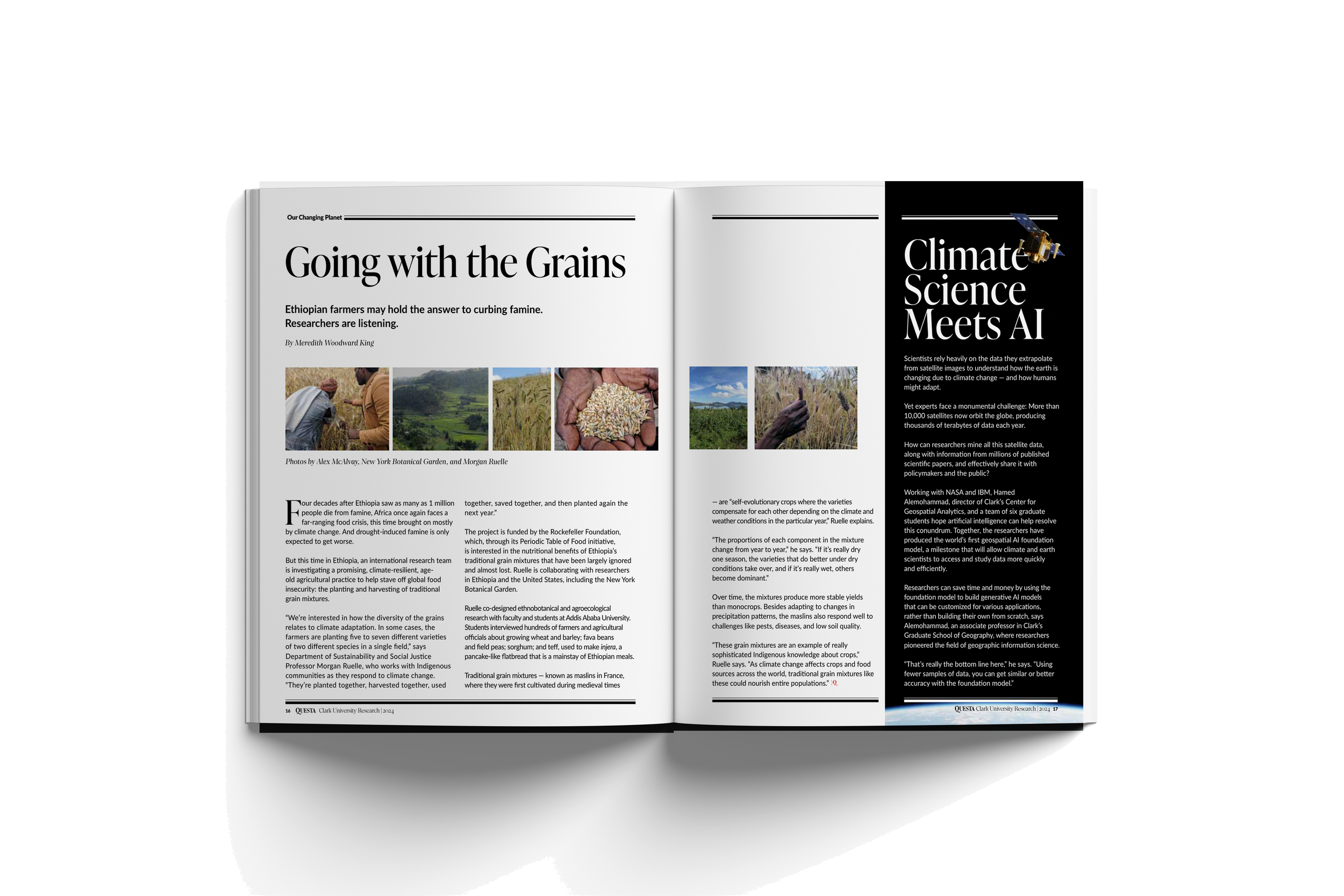 Open magazine with two articles: 'Going with the Grains' on the left and 'Climate Science Meets AI' on the right, featuring images of farmers, fields, grains, satellite, and AI connection.
