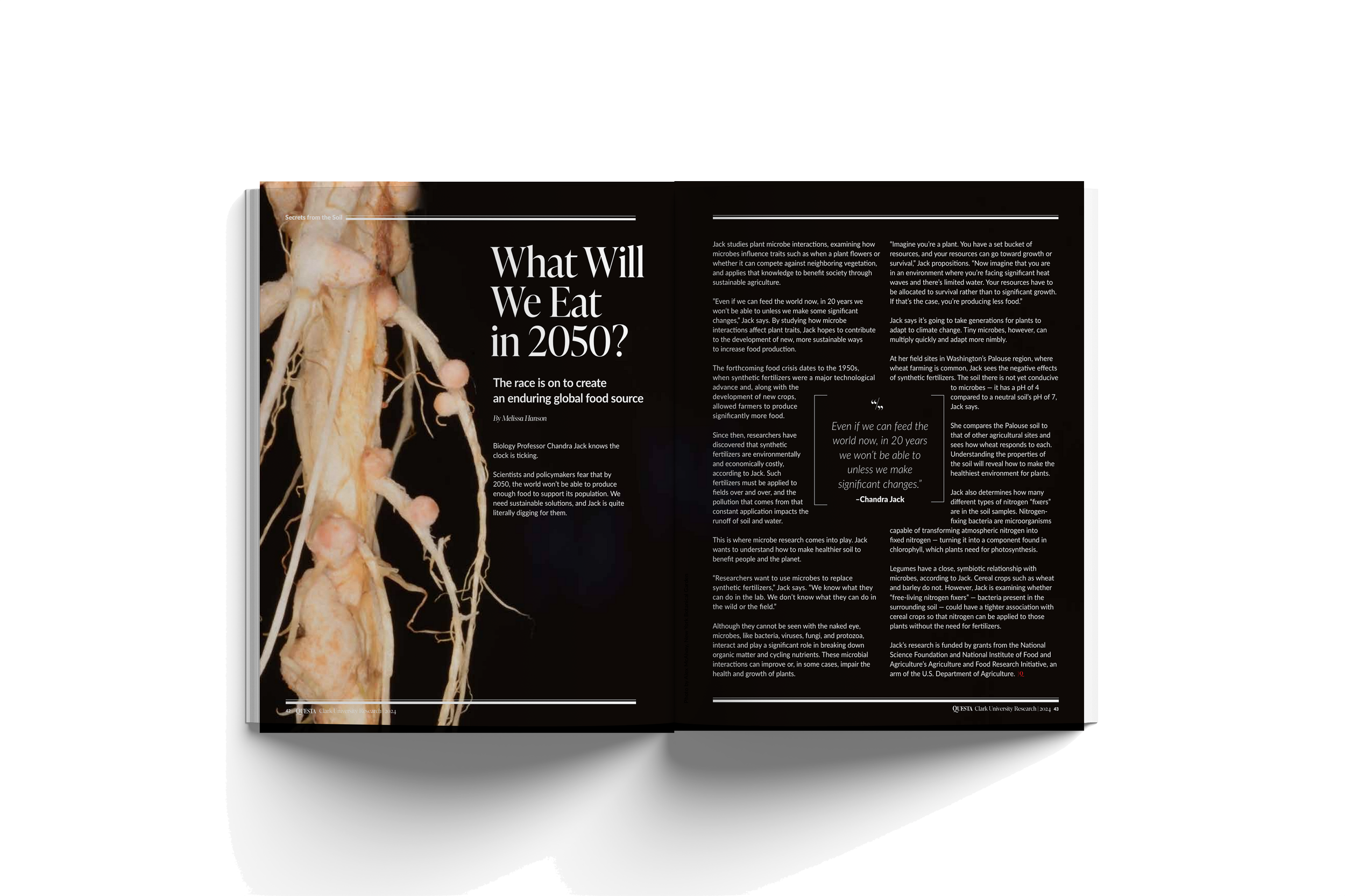 Open magazine with article titled 'What Will We Eat in 2050?' and an image of a plant root on the left page.