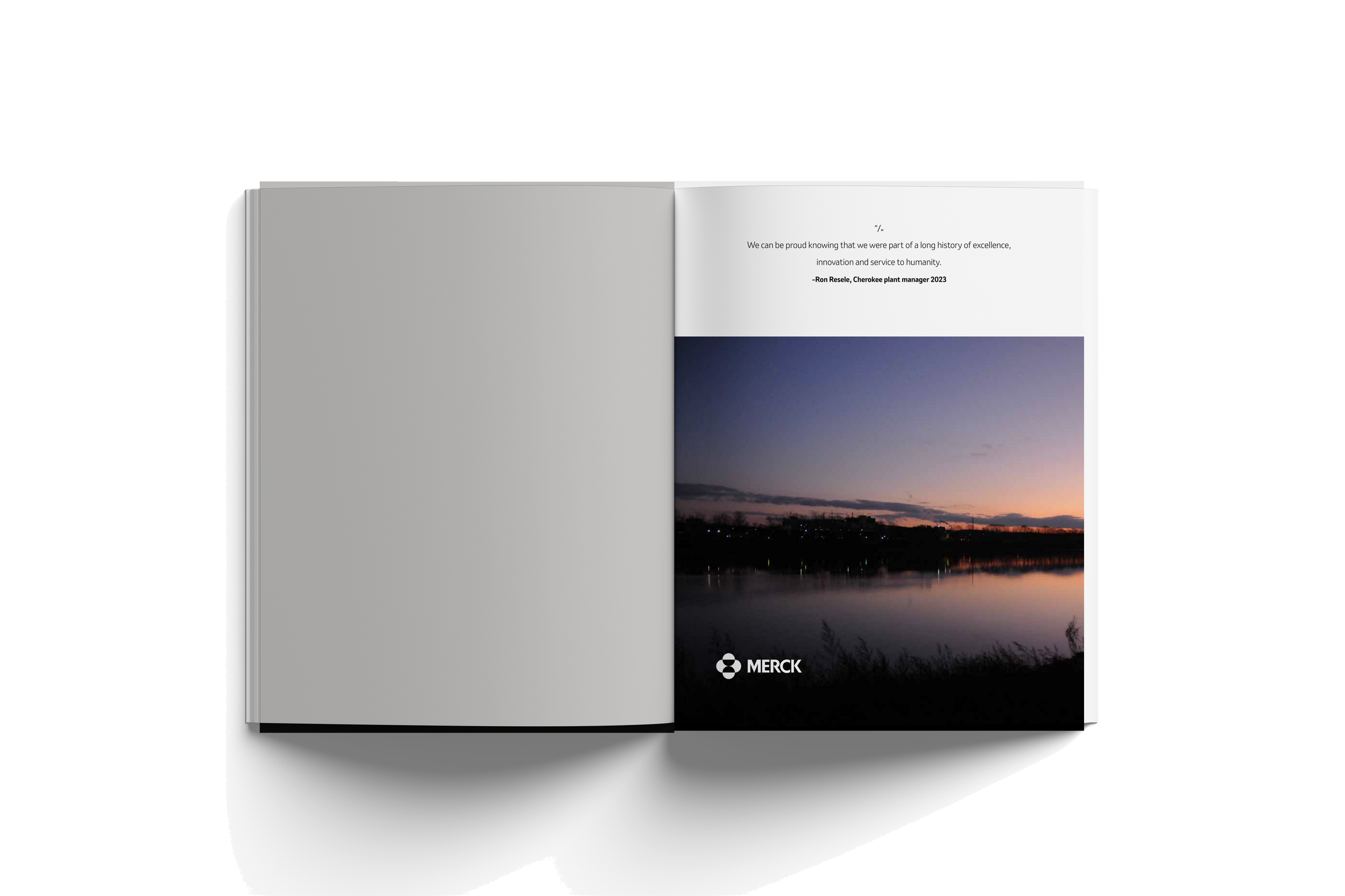 Open book displaying a sunset over a body of water with trees in the background, Merck logo, and a quote about pride in excellence and innovation.