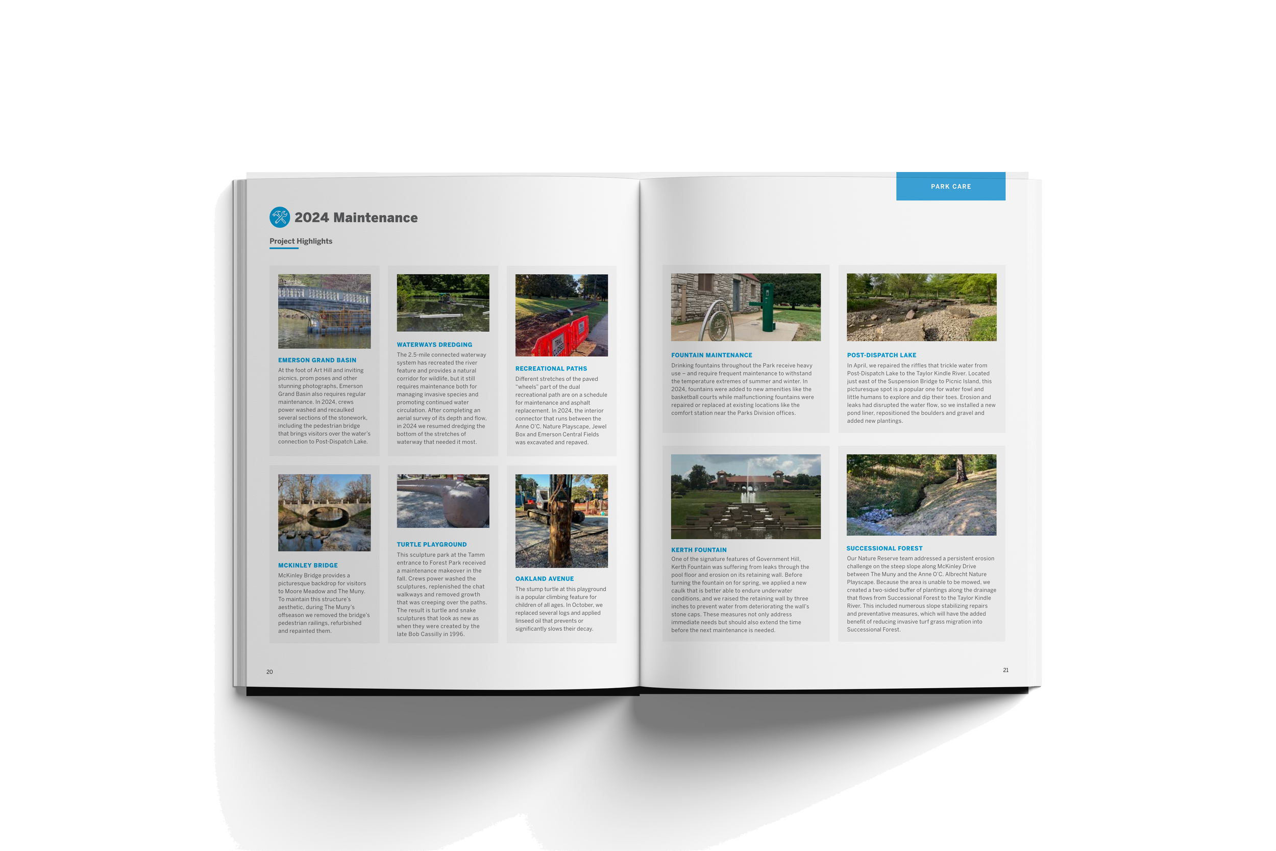 Open booklet displaying 2024 park maintenance project highlights with images and descriptions of dam repairs, paths, bridge, playground, fountain, landscape, and forest areas.