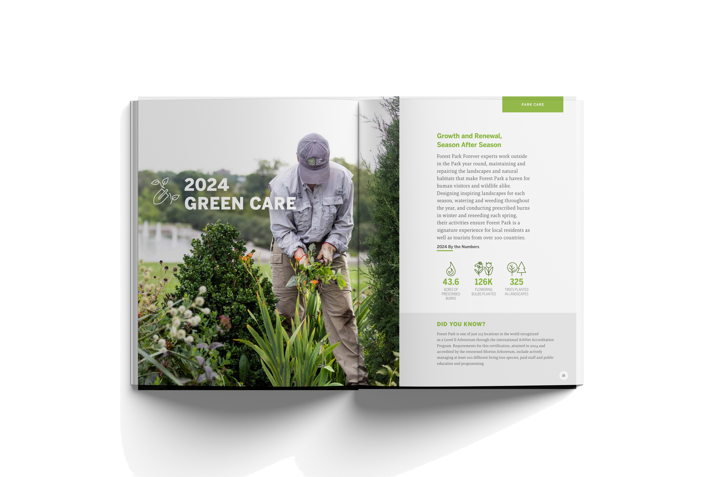 Open magazine showing a person gardening outdoors on the left page, and on the right page green text about forest park care, growth, renewal, and statistics with icons.