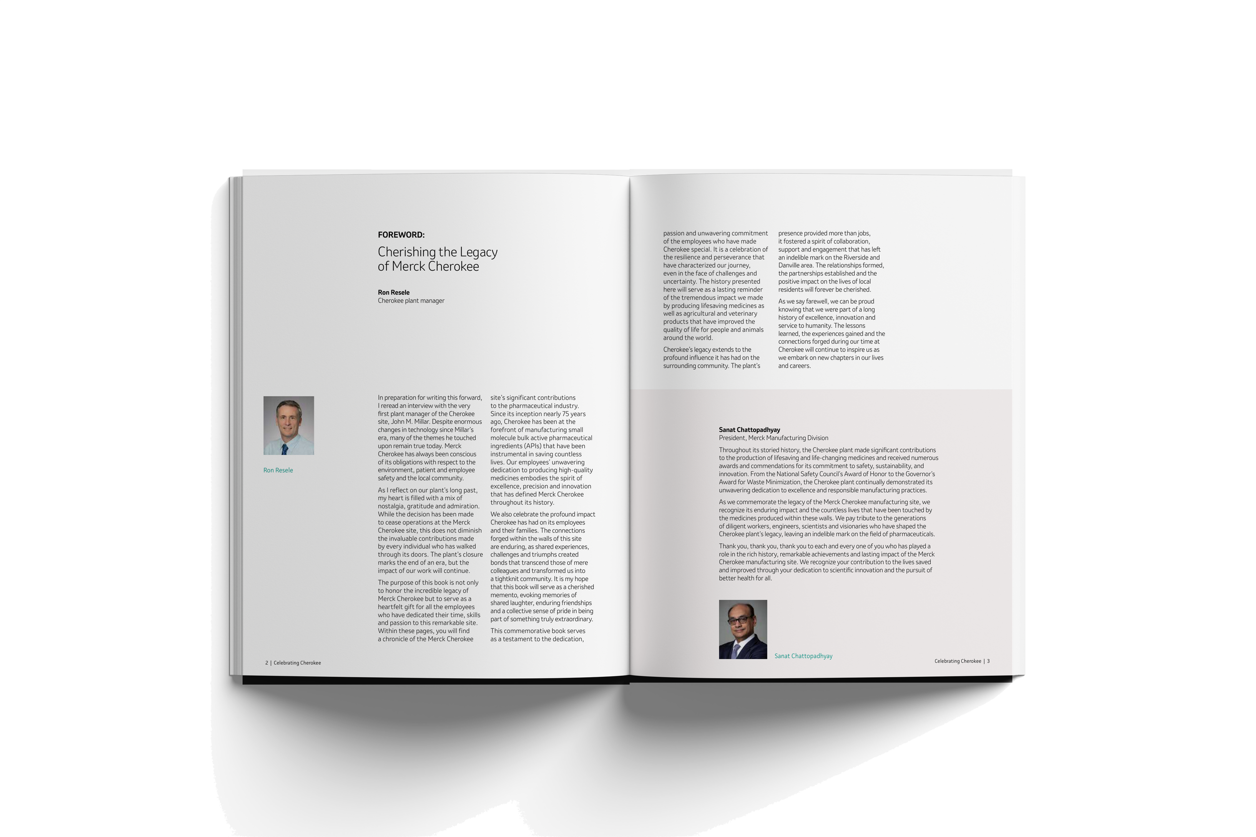 Open magazine displaying a foreword titled 'Cherishing the Legacy of Merck Cherokee' with text and two portraits of authors, one on each page.