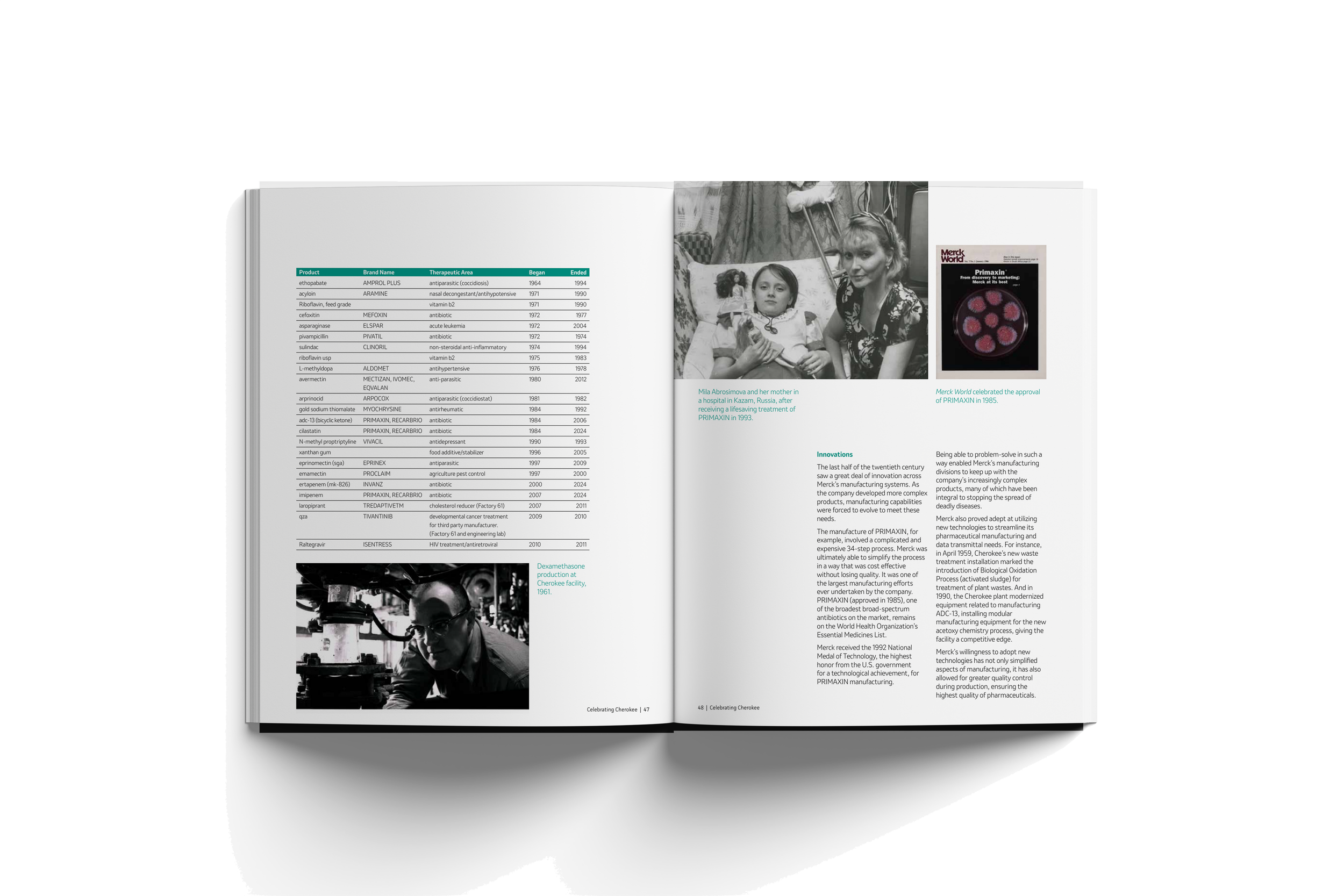 Open magazine with two black and white photos and article text about pharmaceutical development.