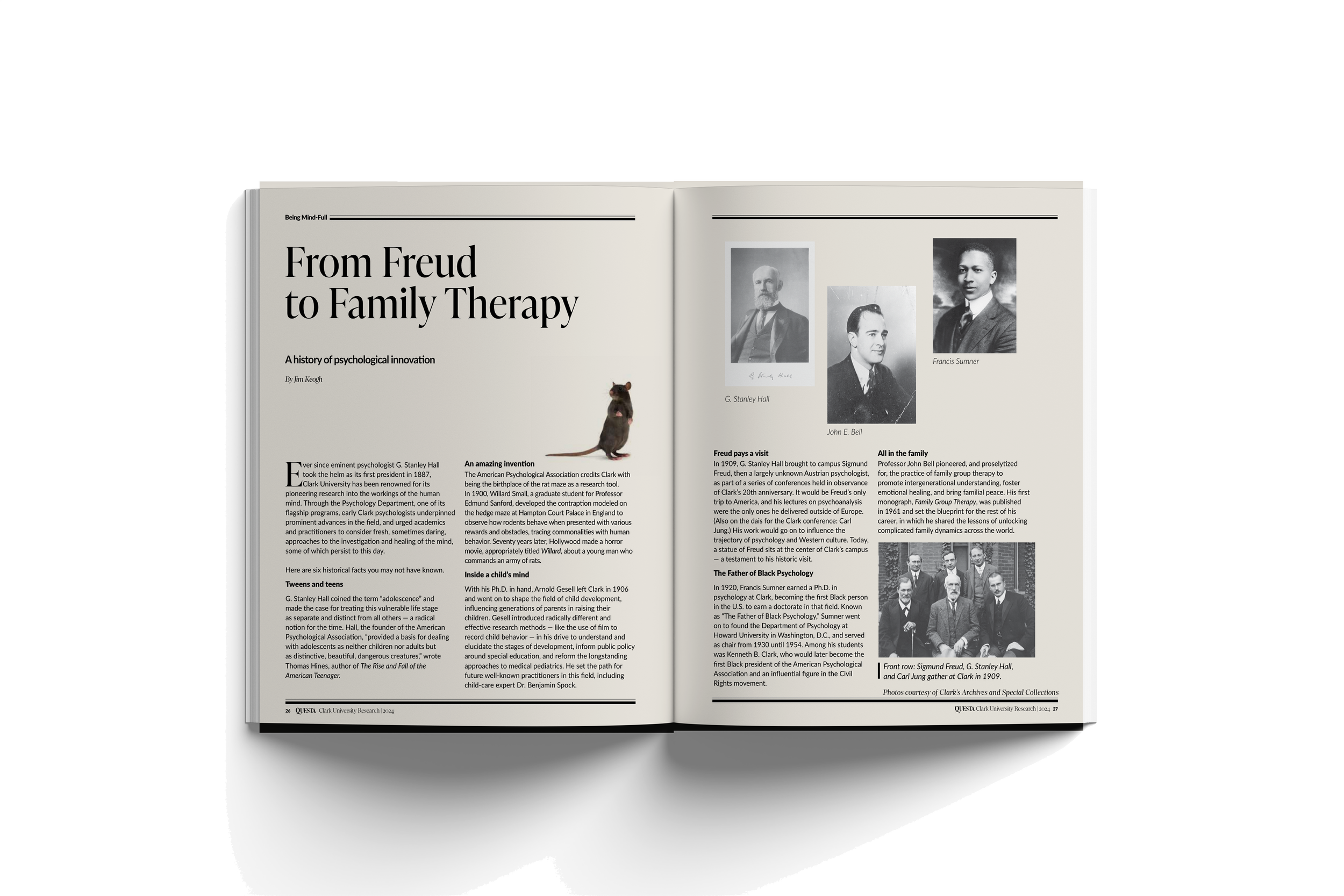 An open magazine with an article titled 'From Freud to Family Therapy,' featuring black-and-white photos of G. Stanley Hall, John E. Bell, and Francis Summer, and a small image of a rat.