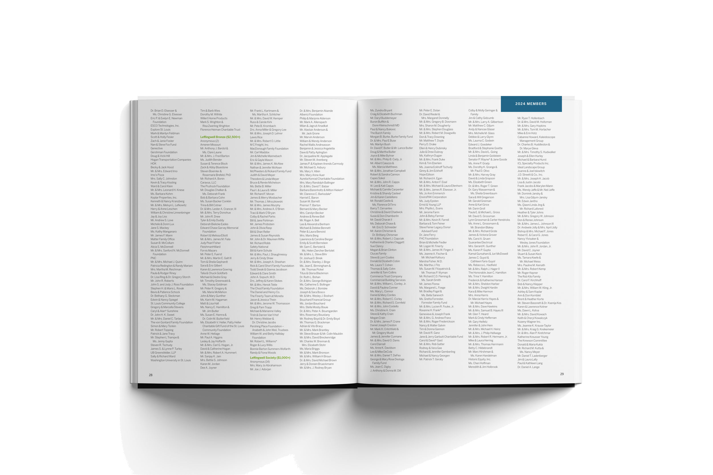 An open book displaying a list of names and a section titled "2024 MEMBERS" on the right page, with a gray background and a visible shadow beneath the book.