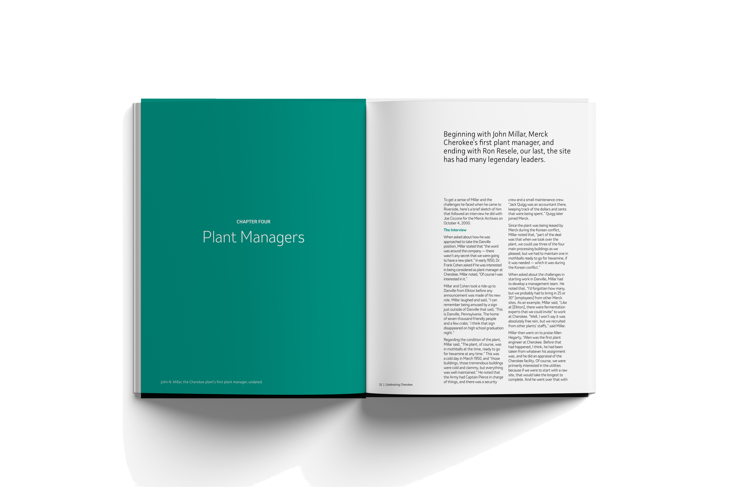 Open book showing chapter four titled 'Plant Managers' with text about the history of plant managers at Merck Cherokee.