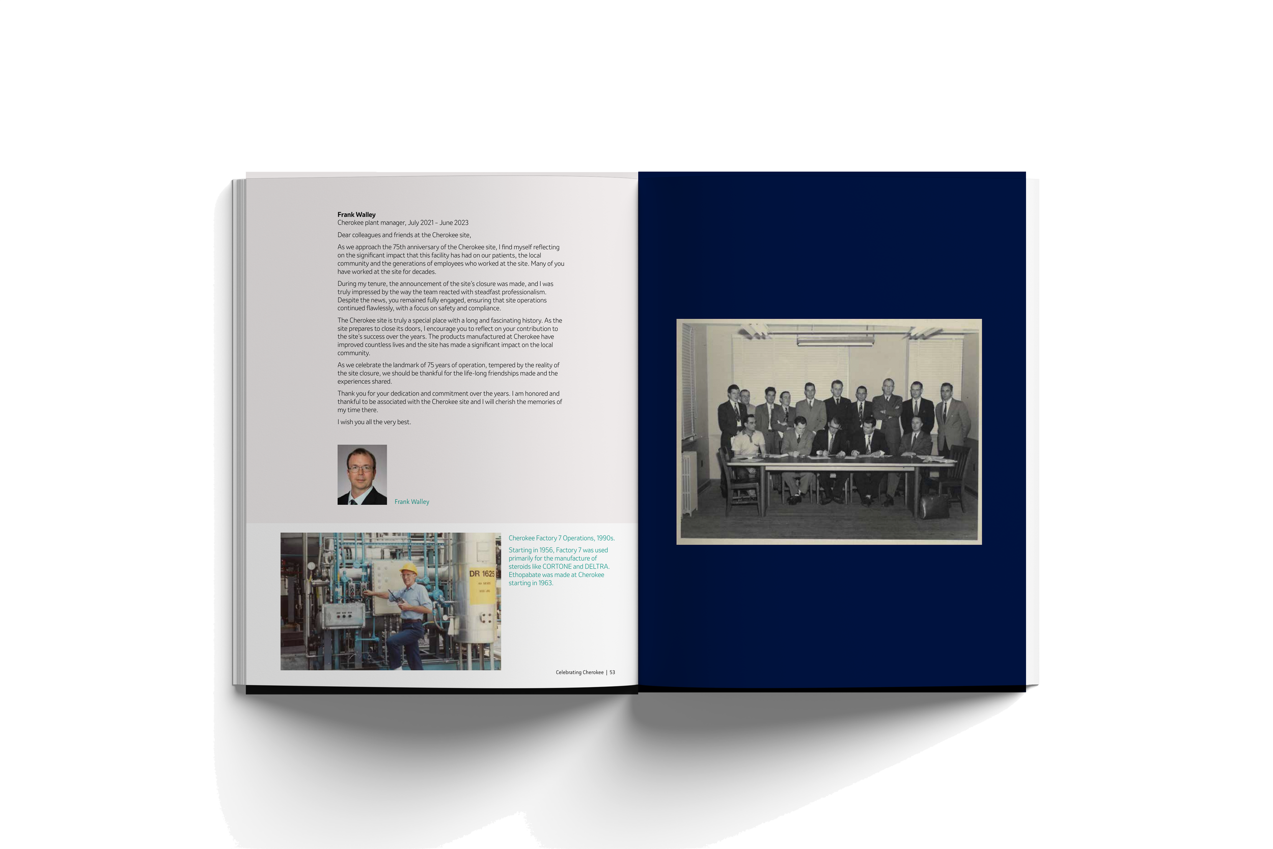 Open book with a page containing a letter, a color photograph of a man with glasses, and a small photo of industrial equipment; opposite page has a black-and-white photo of a group of people at a meeting.