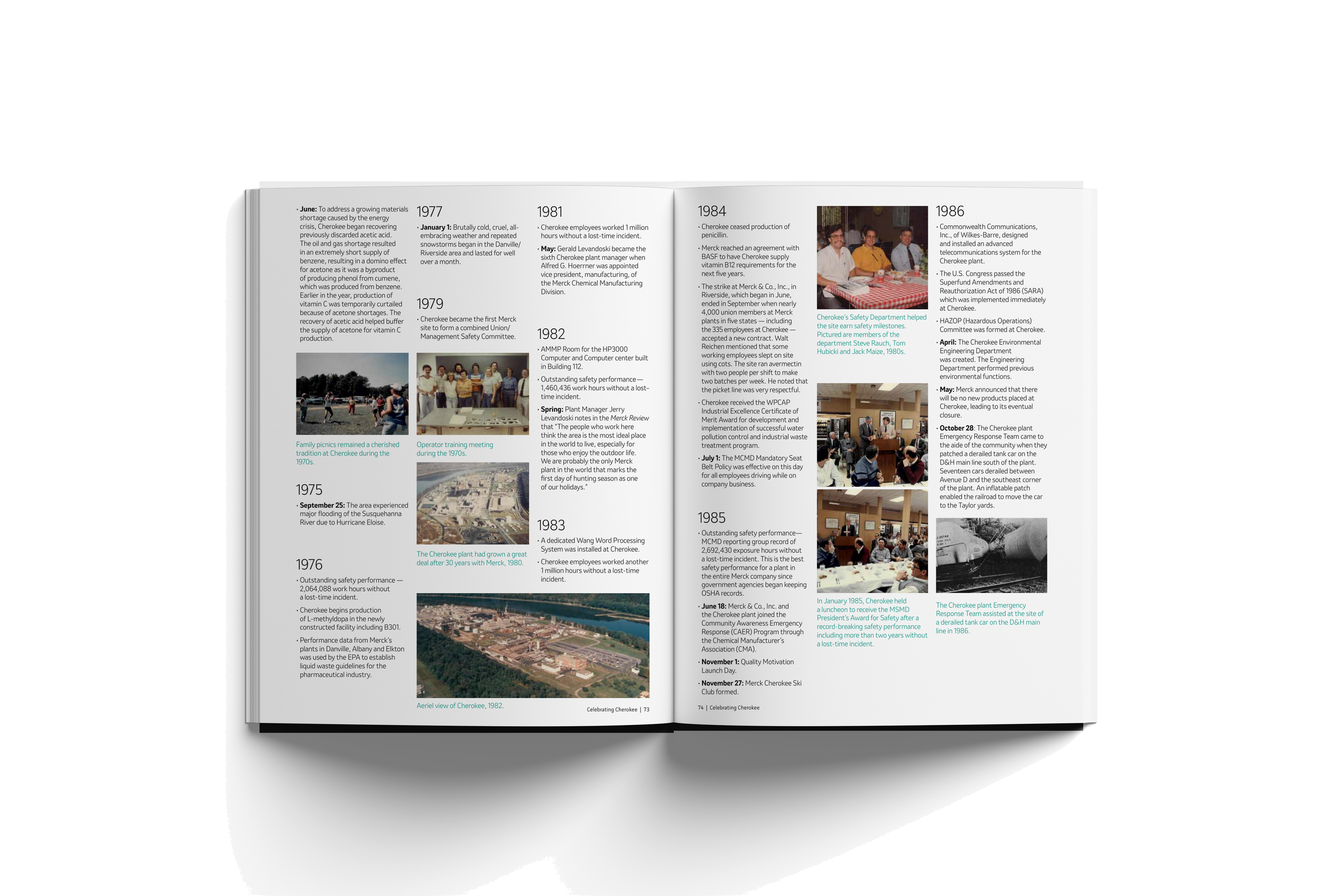 Open magazine with timeline and historical photos about Cherokee, including family picnic, operator meeting, Cherokee plant, and emergency response scenes.