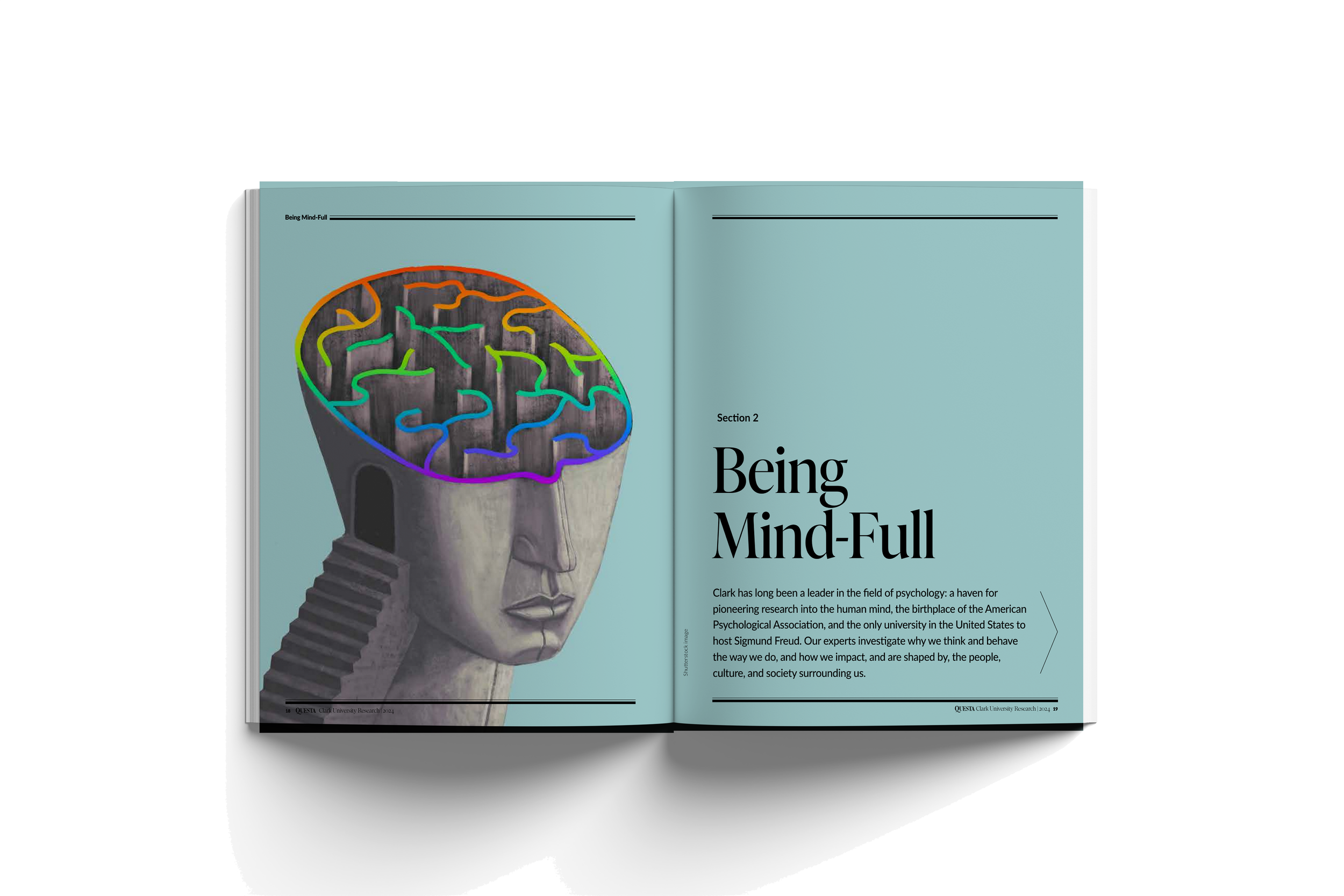 Open magazine with a digital illustration of a human head, featuring a staircase leading to the brain area outlined in rainbow colors, on a light blue background.
