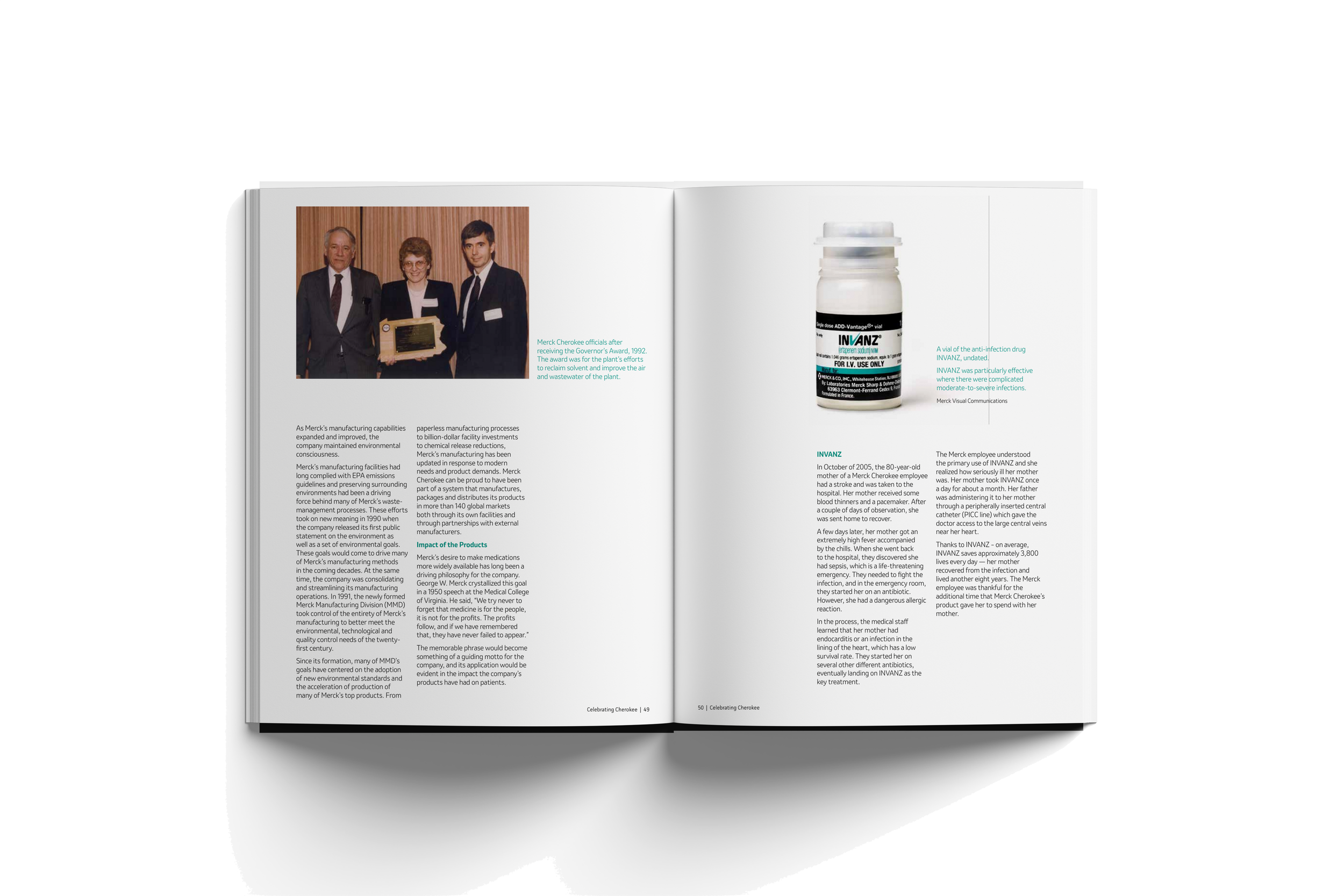 Open magazine featuring a photo of three officials and a bottle of a medication named INVANZ with text about Merck Cherokee and its pharmaceutical history.