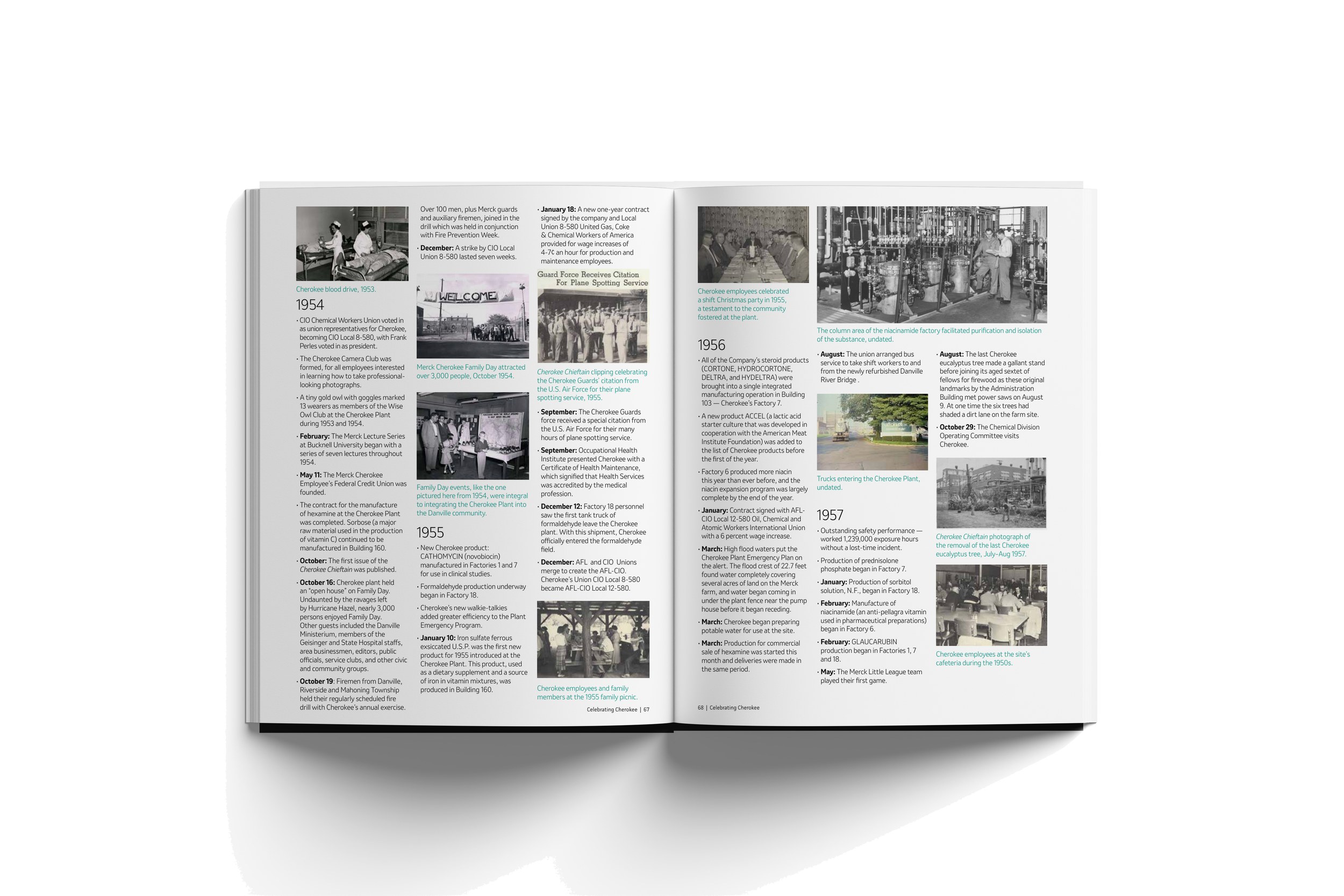 Open book showing historical and community photos, text, and captions about Cherokee history and events from 1954 to 1957.